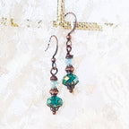 Victorian Inspired Peacock Blue Crystal Earrings | Antique Copper Filigree Dangles