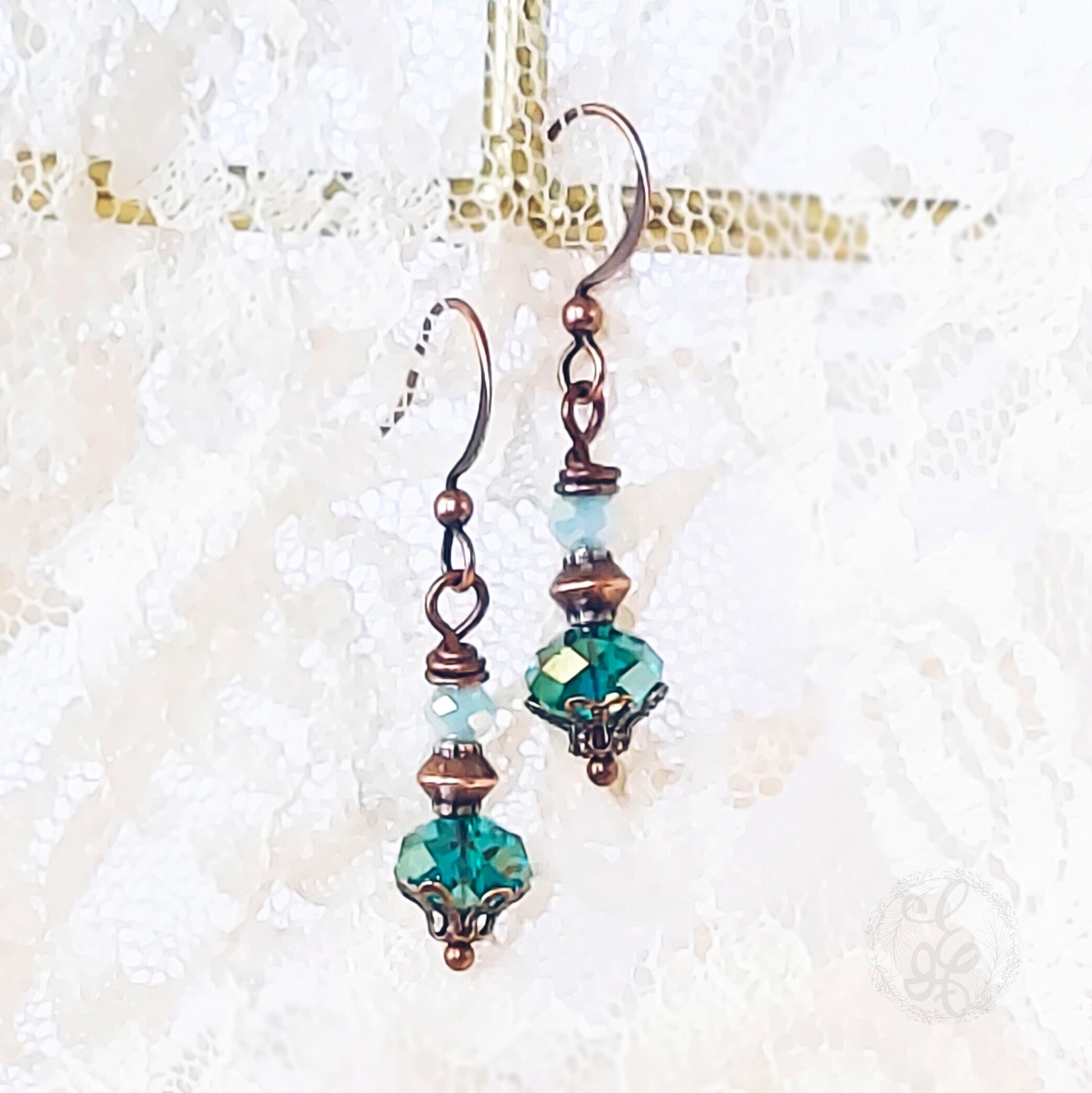 Victorian Inspired Peacock Blue Crystal Earrings | Antique Copper Filigree Dangles