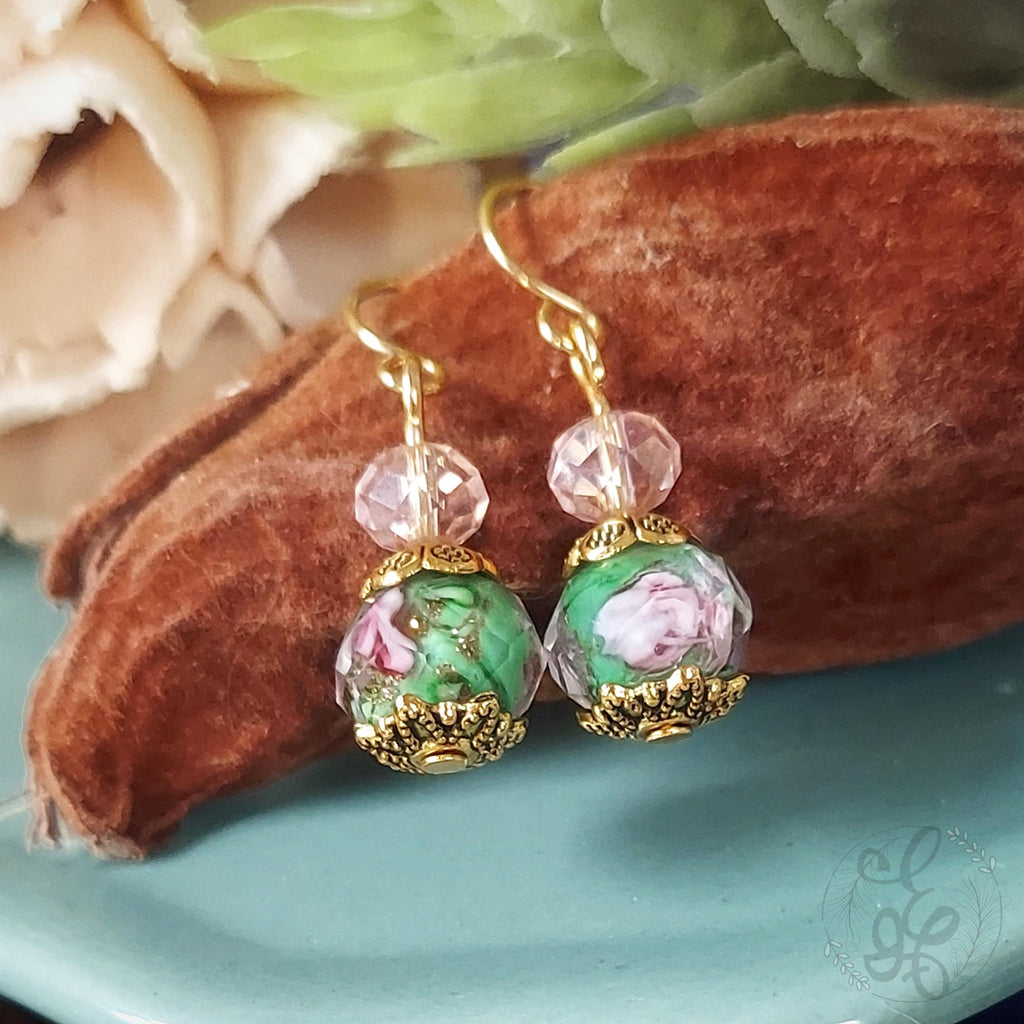 Green and Pink Crystal Earrings Rose dangle earrings gifts for her lampwork rose beads
