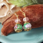 Green and Pink Crystal Earrings Rose dangle earrings gifts for her lampwork rose beads