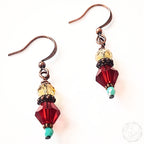 Crystal Earrings for Women with Red, Yellow and Turquoise on Antique Copper French Hooks