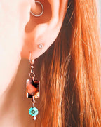 Boho Copper and Czech Glass Dangle Earrings with Tortoiseshell Focal and Flower Accent, Handmade Artisan Jewelry