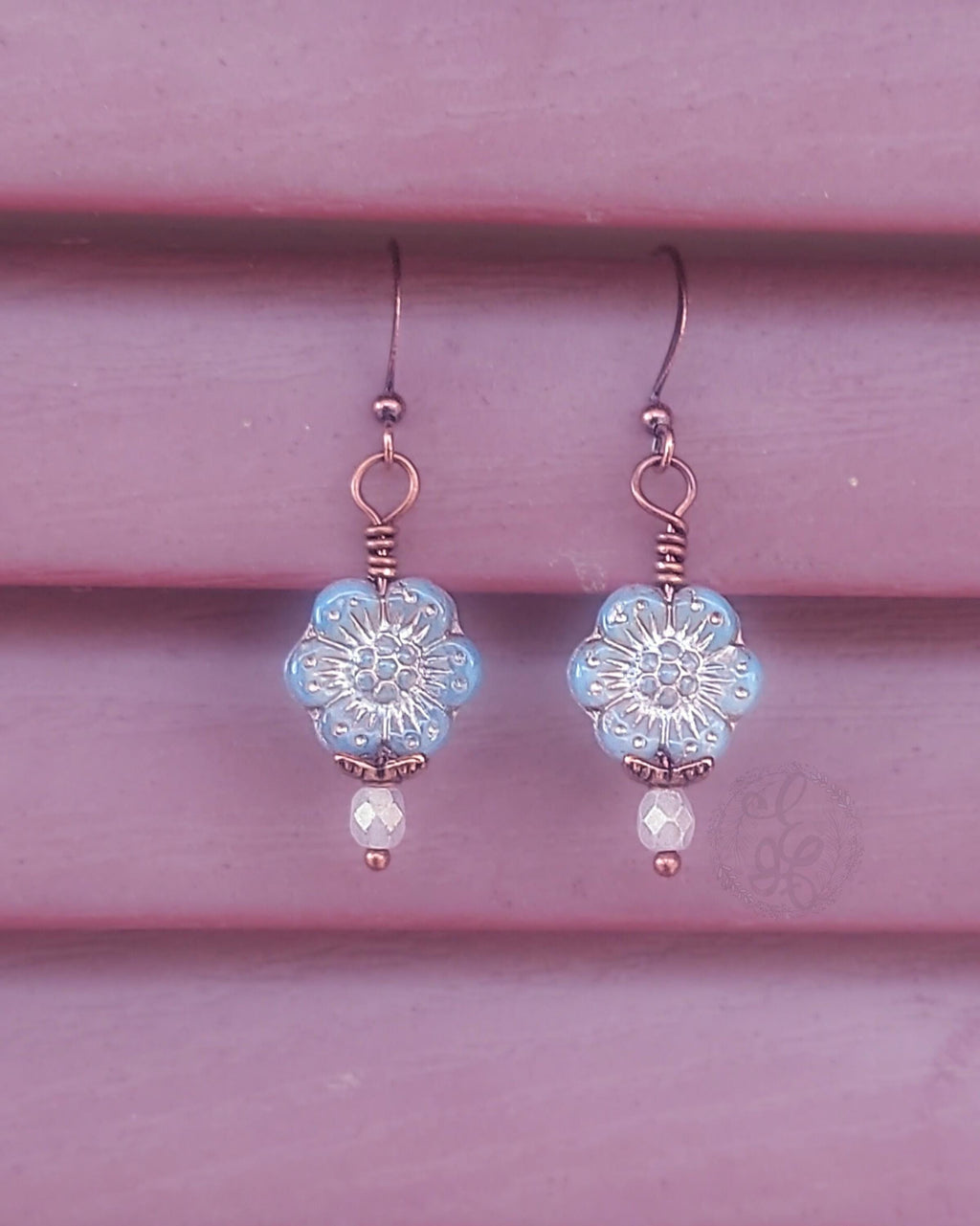 Dusty Blue Czech Glass Flower Earrings – Antique Copper Dangle Earrings
