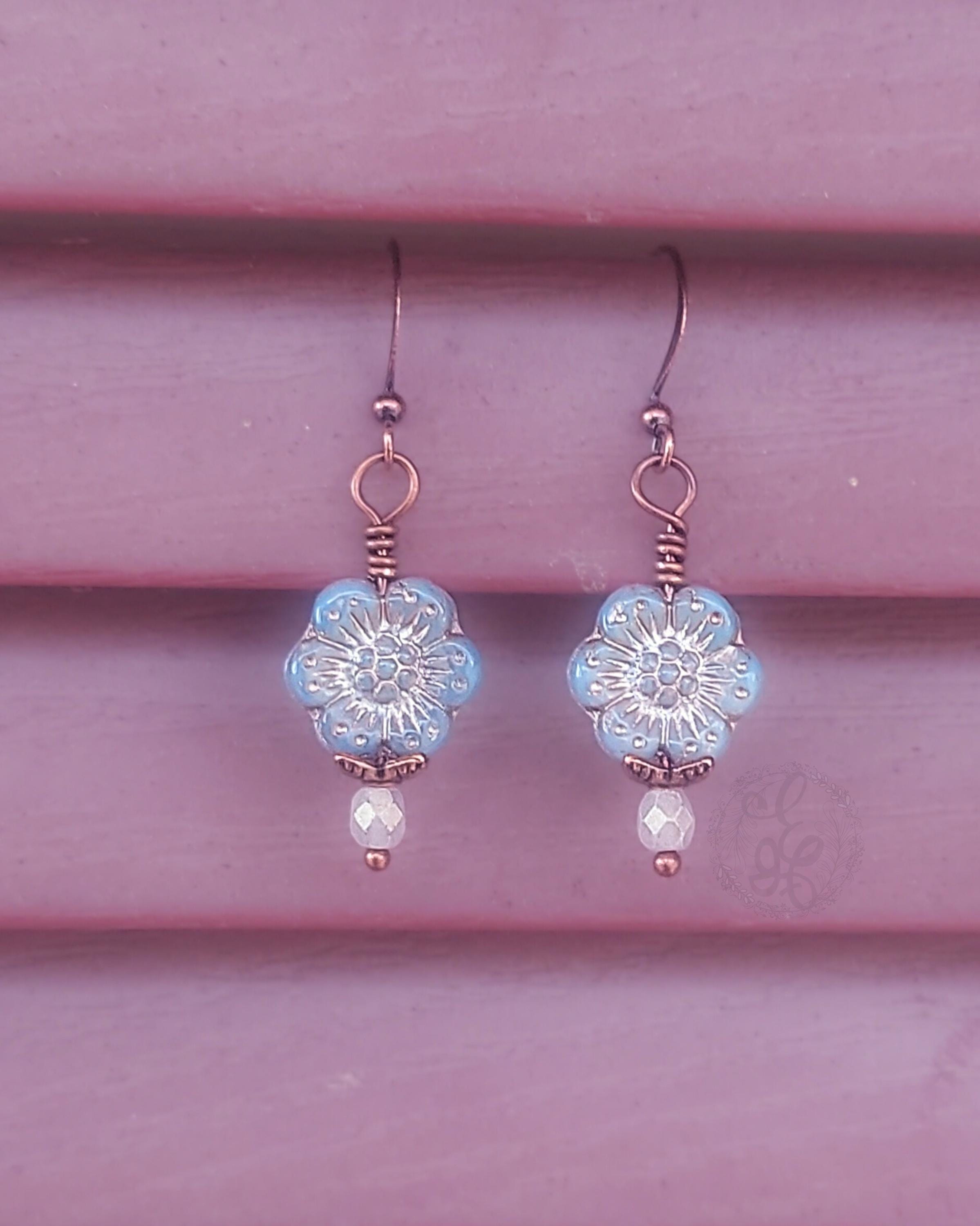 Dusty Blue Czech Glass Flower Earrings – Antique Copper Dangle Earrings
