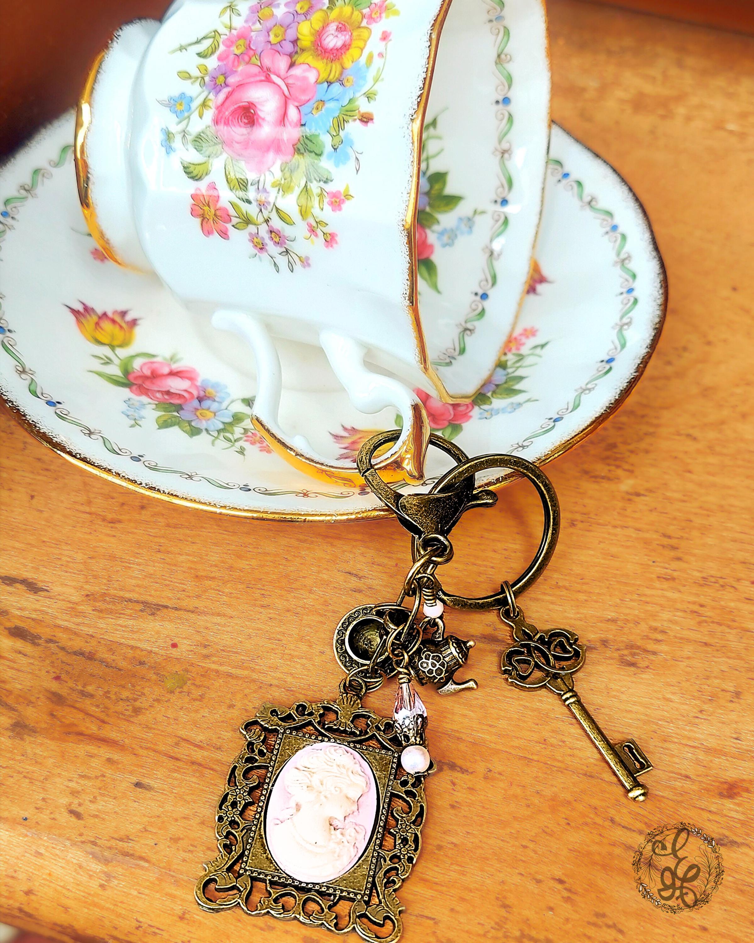 Victorian Tea Purse Charm & Keychain – Handcrafted Cameo, Teapot and Crystal Charms – Antique Brass