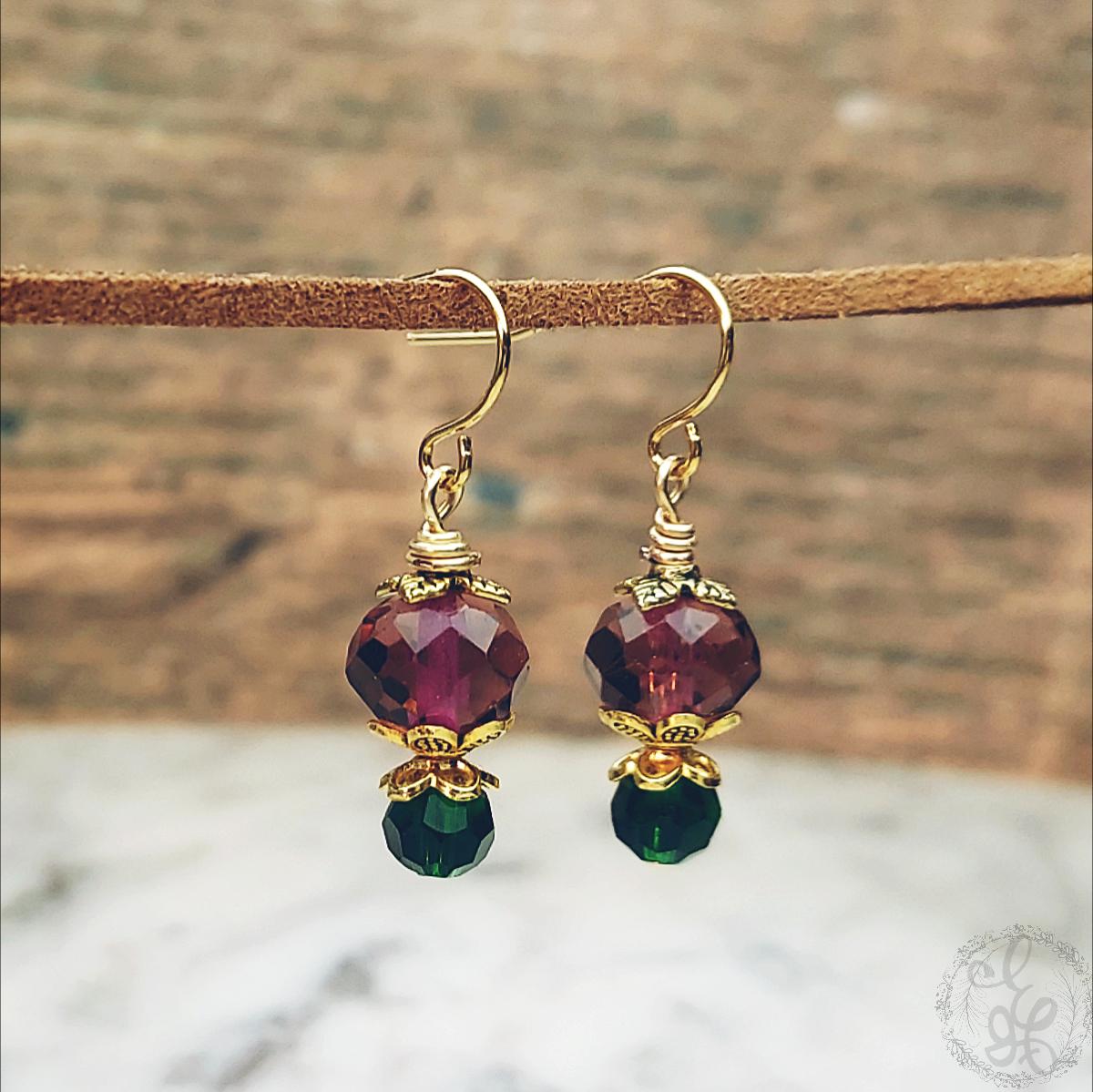 Vintage-Inspired Plum & Green Drop Earrings | Gold Accents | Hypoallergenic