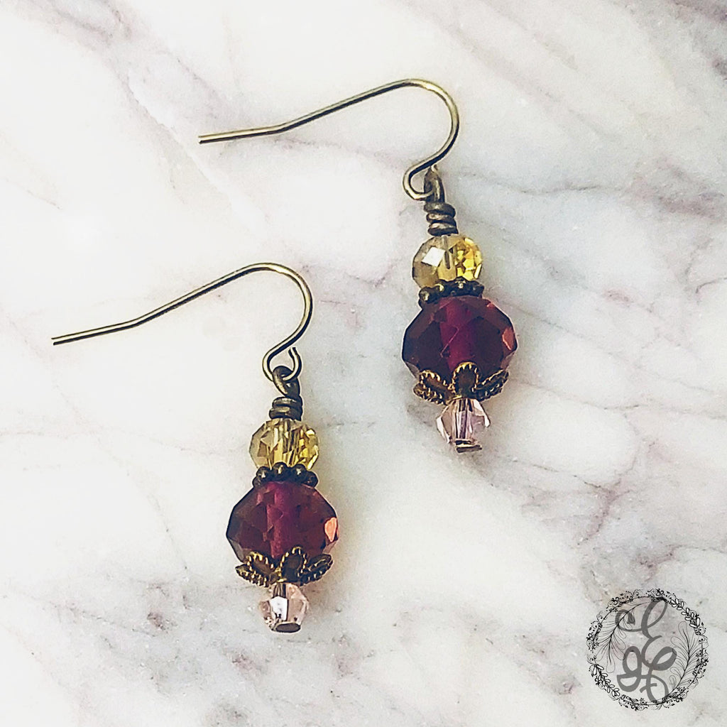 Plum Crystal Dangle Earrings | Artisan Earrings in Copper, Silver, or Bronze