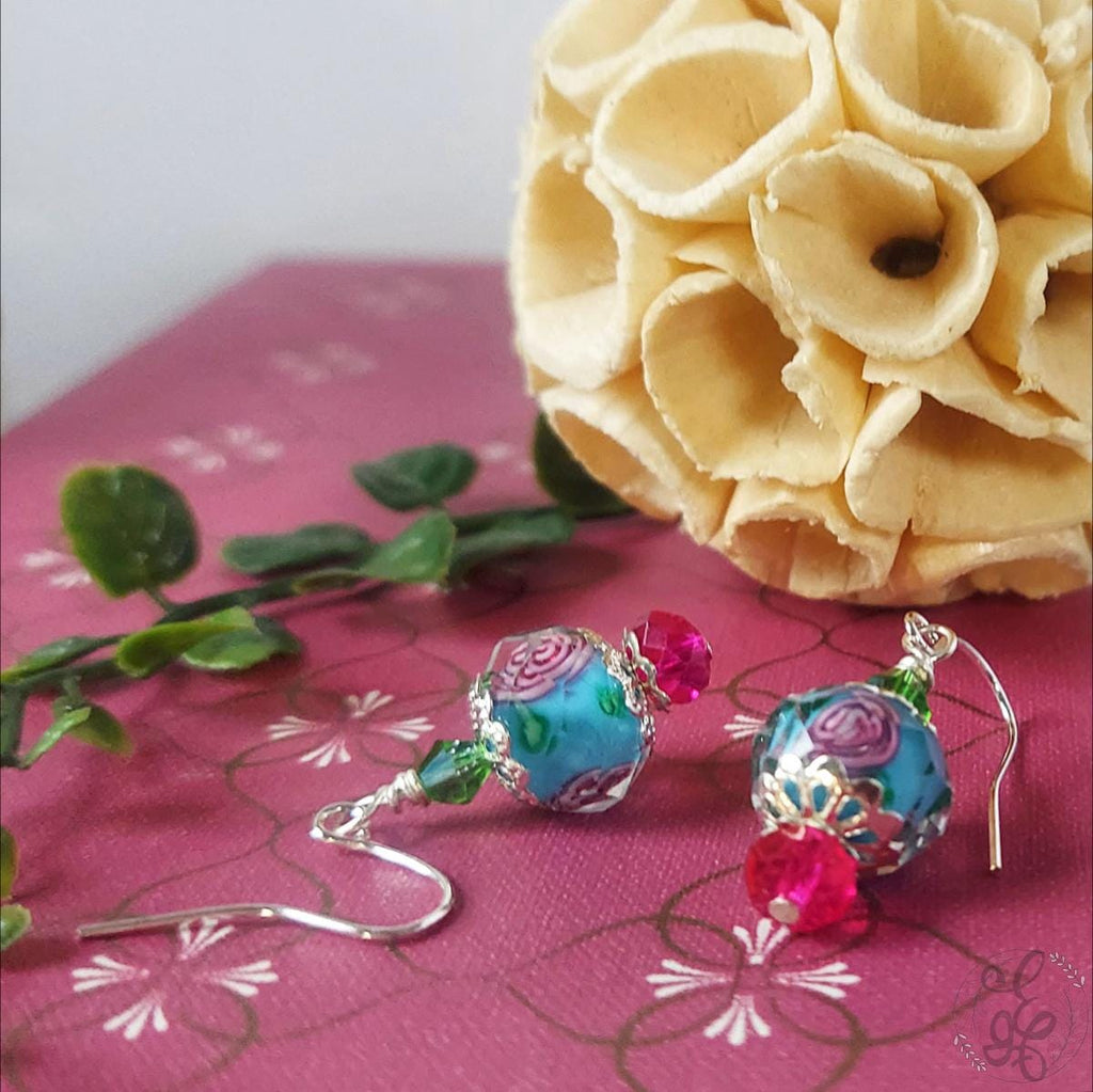 Rose Dangle Drop Earrings, blue pink and green danity earrings