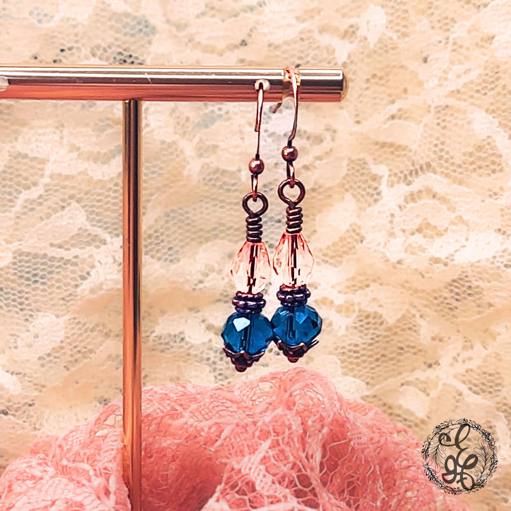 Peacock Blue and Peach Crystal Earrings | Antique Copper Wire Wrapped | Vintage Oil Lamp Inspired