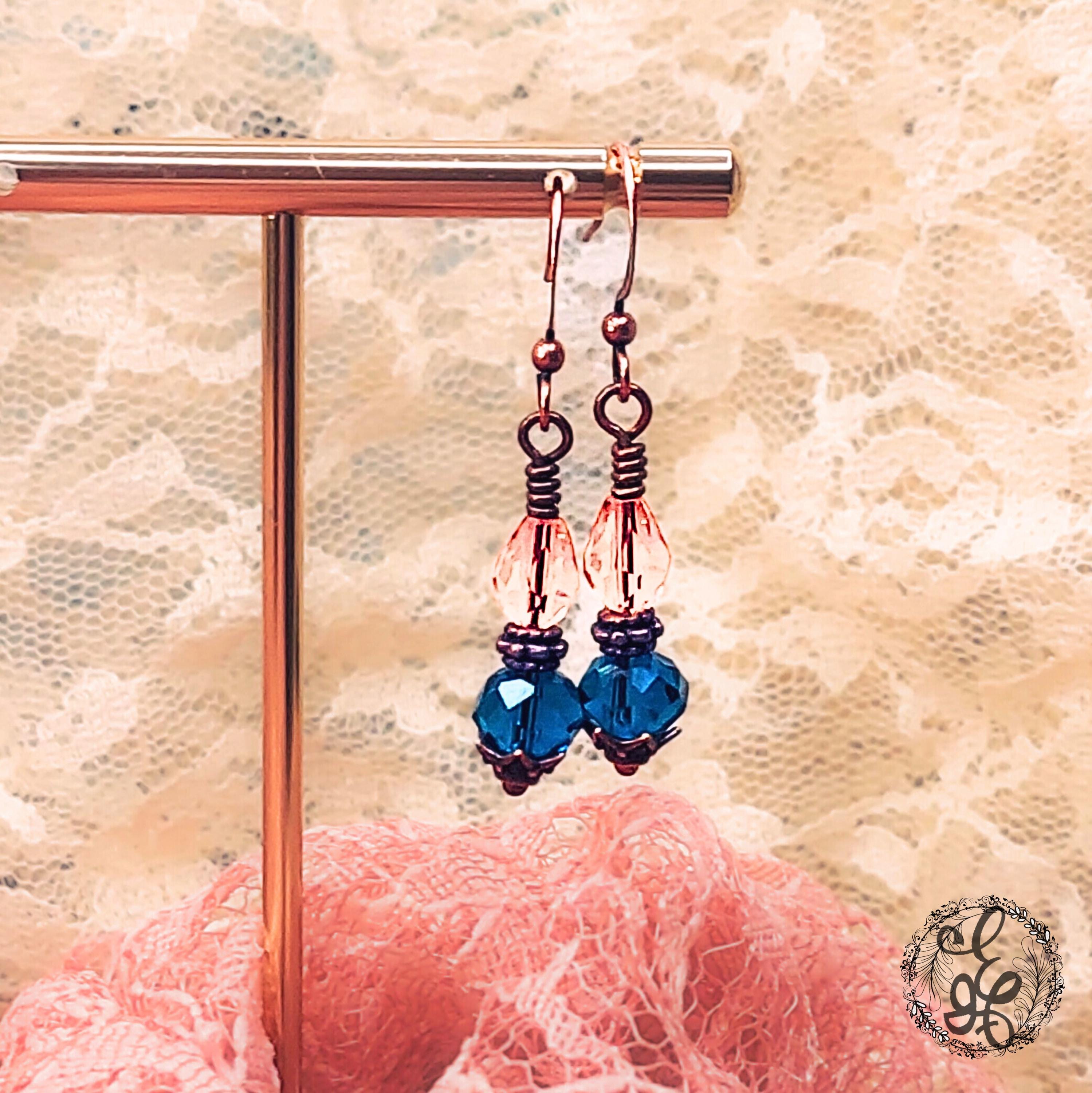Peacock Blue and Peach Crystal Earrings | Antique Copper Wire Wrapped | Vintage Oil Lamp Inspired