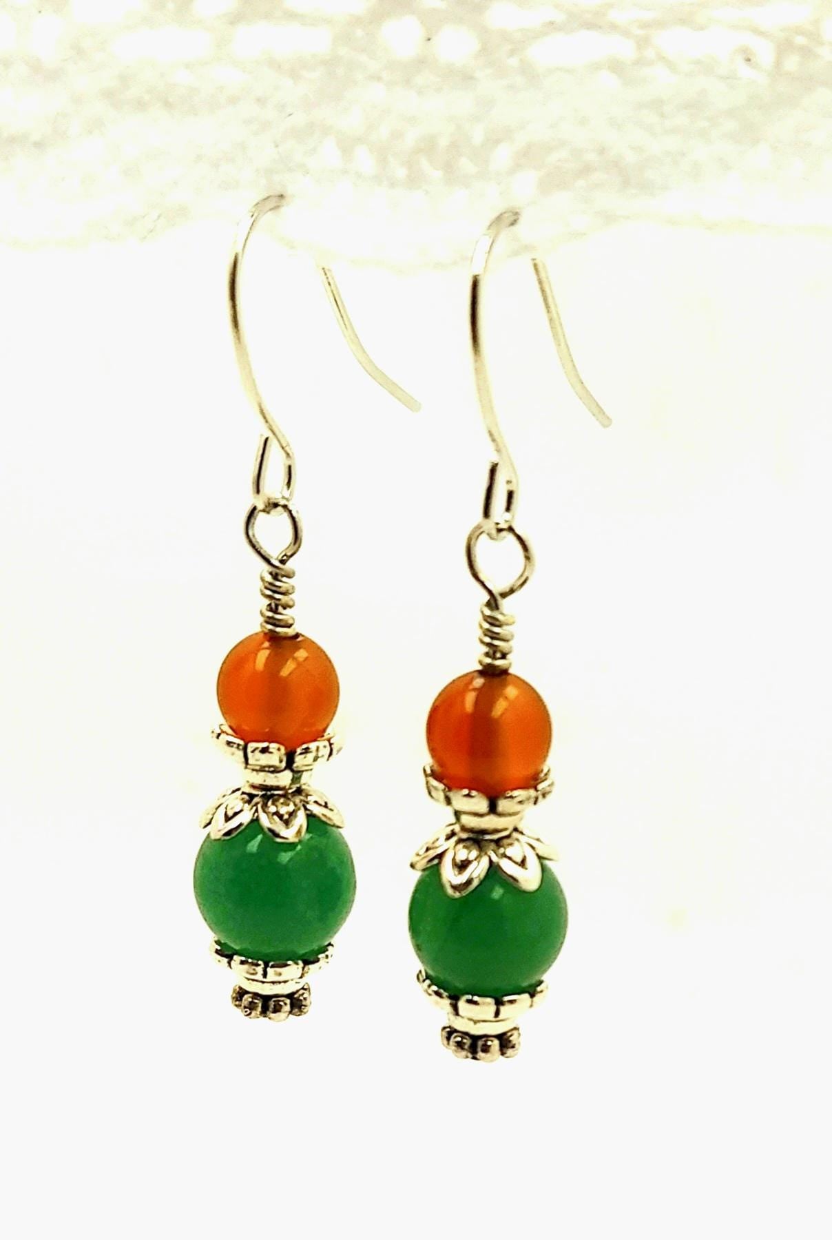 Orange and Green semi prescious stone earrings, Silver, Aventurine and Carnelian Earrings beaded Earrings Gemstone Dangle Earring Gifts for