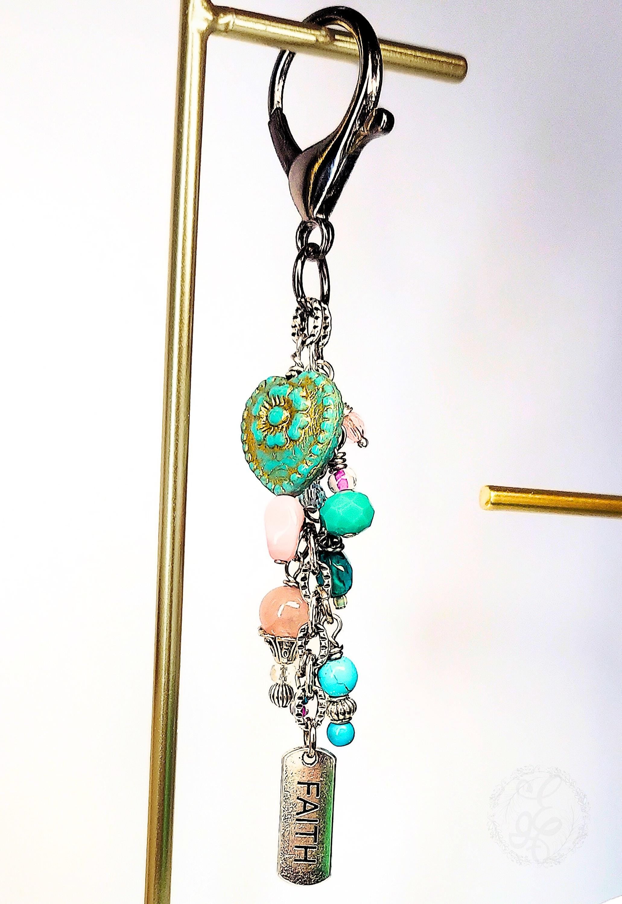 Faith Charm Purse Clip – Turquoise & Pink Beaded Keychain with Heart and Gemstones