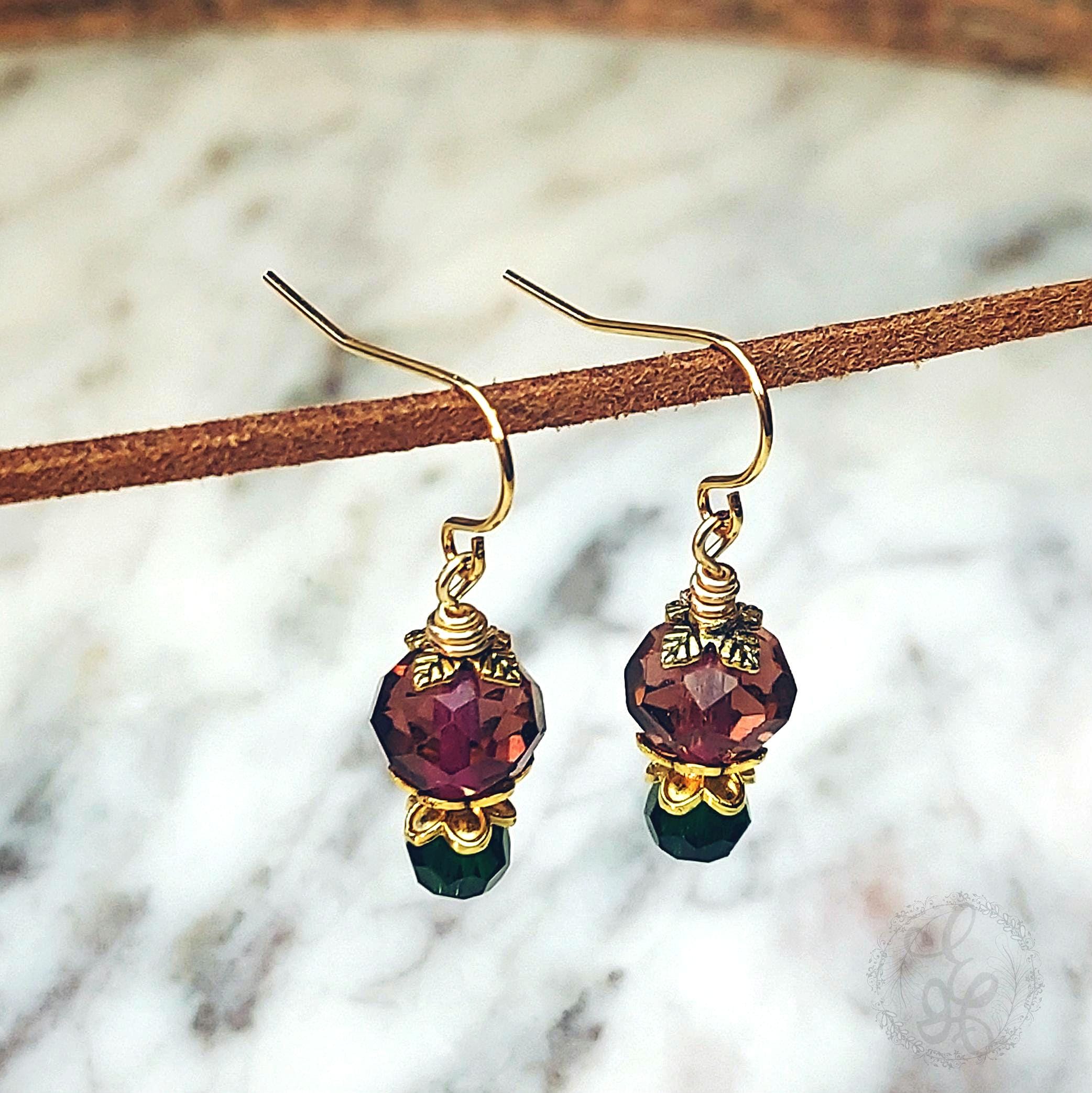 Vintage-Inspired Plum & Green Drop Earrings | Gold Accents | Hypoallergenic