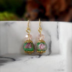 Green and Pink Crystal Earrings Rose dangle earrings gifts for her lampwork rose beads