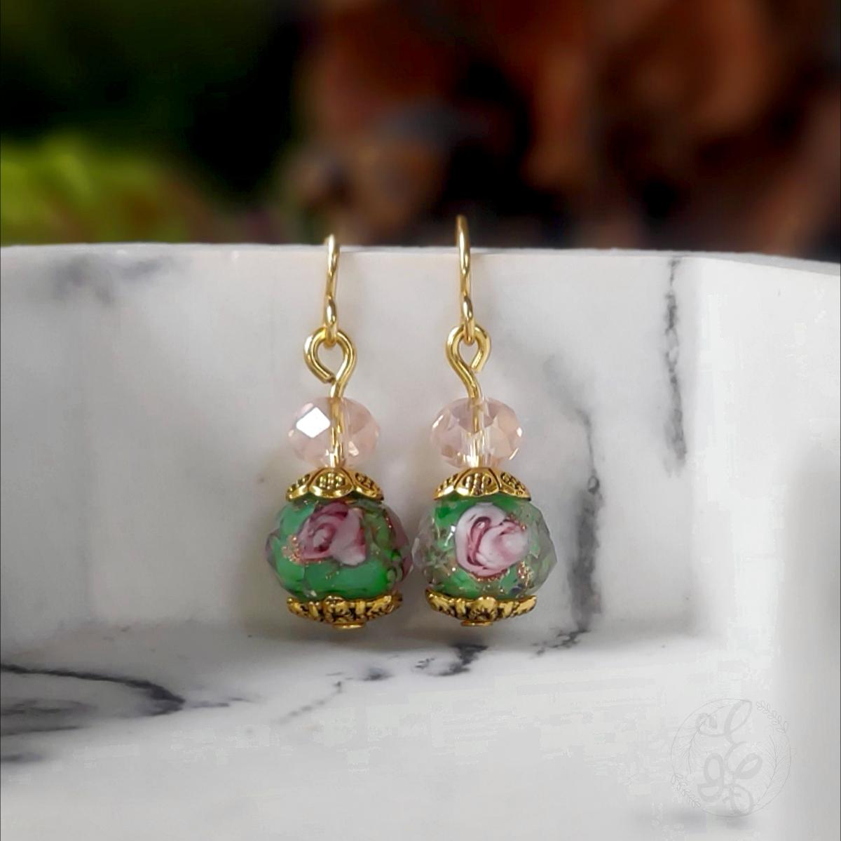 Green and Pink Crystal Earrings Rose dangle earrings gifts for her lampwork rose beads