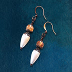 Victorian-Inspired Pearl Drop Earrings with Amber Crystals & Antique Copper Accents – Artisan Crafted