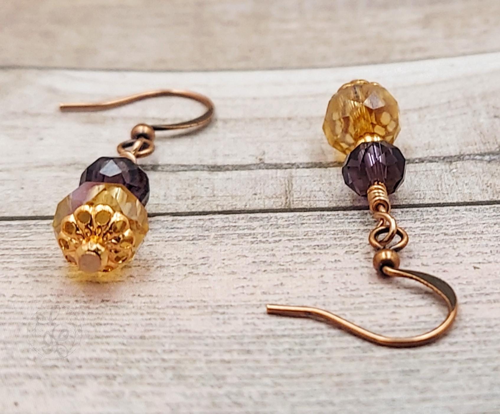 Amber and Eggplant Earrings - Copper Crystal Short Dangles