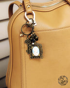 Victorian Tea Purse Charm & Keychain – Blue Handcrafted Cameo, Teapot and Crystal Charms – Antique Brass