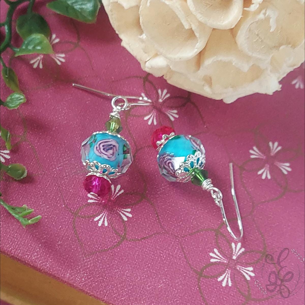 Rose Dangle Drop Earrings, blue pink and green danity earrings