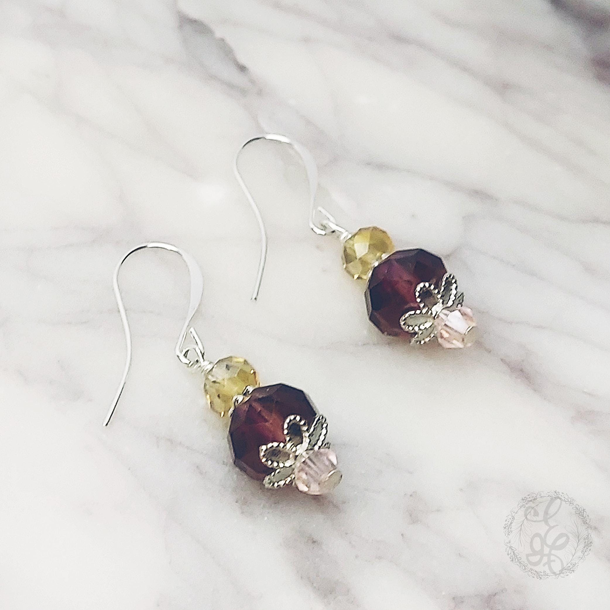 Plum Crystal Dangle Earrings | Artisan Earrings in Copper, Silver, or Bronze