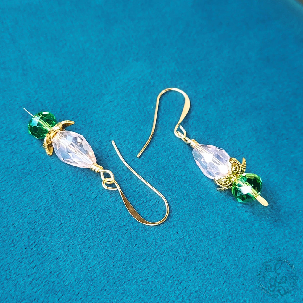 Victorian Inspired Crystal Bloom Earrings | Pink & Green Dangle Earrings | Hypoallergenic Gold Plated Hooks | Romantic Gift for Her