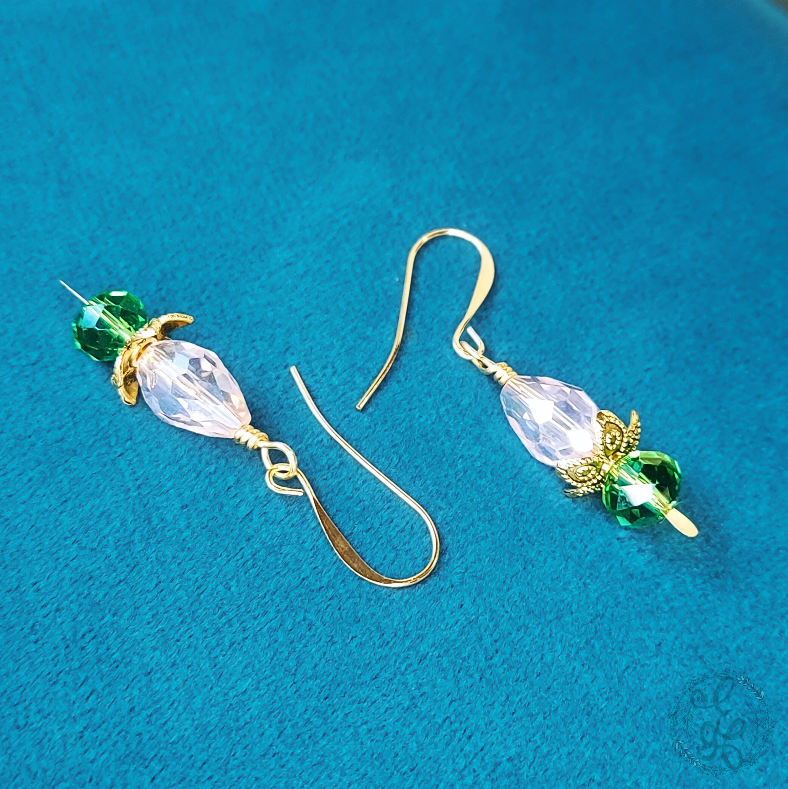 Victorian Inspired Crystal Bloom Earrings | Pink & Green Dangle Earrings | Hypoallergenic Gold Plated Hooks | Romantic Gift for Her