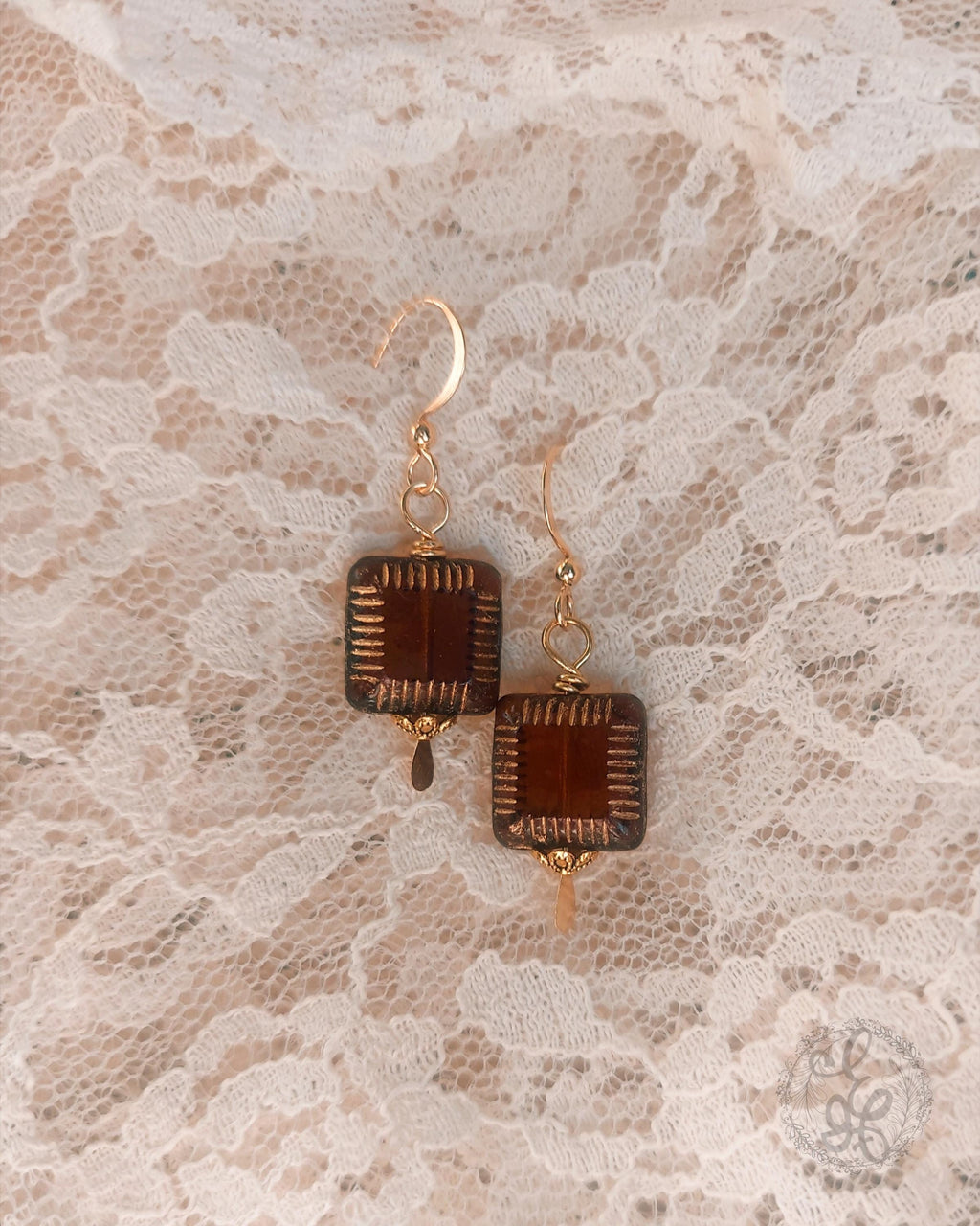 Brown Czech Glass Earrings in Gold