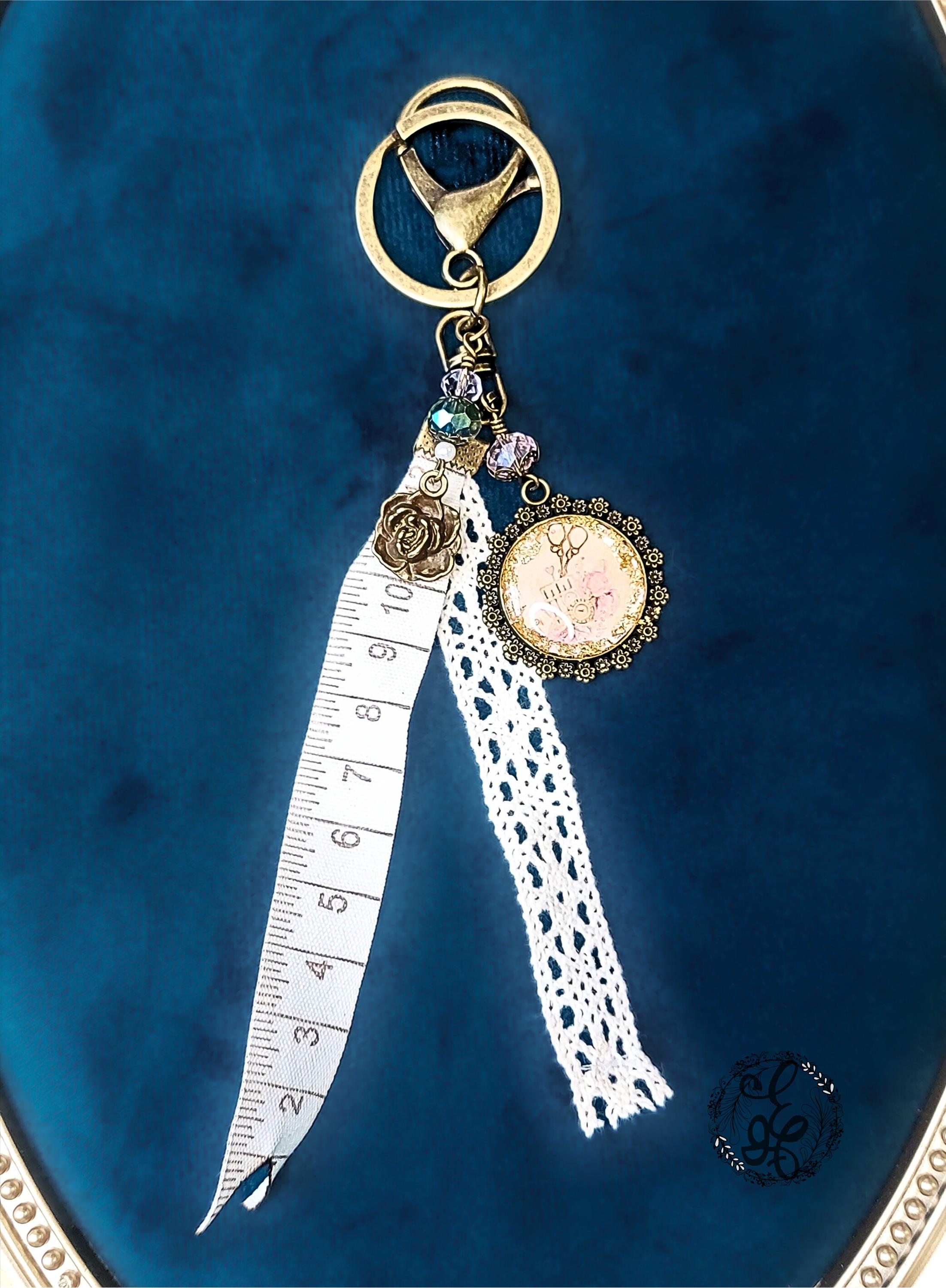 Antique Scissors Purse Charm – Resin Cabochon with Vintage Sewing Notions, Lace & Measuring Tape Ribbon