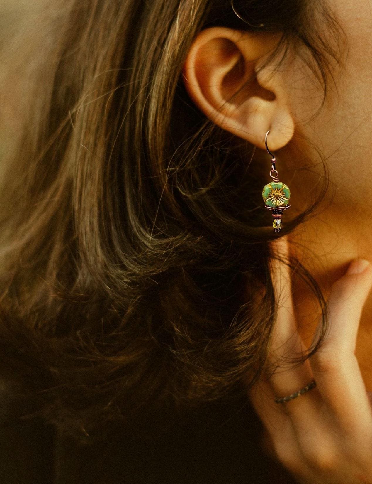 Vintage-Inspired Floral Czech Glass Earrings – Antique Copper Dangle Earrings