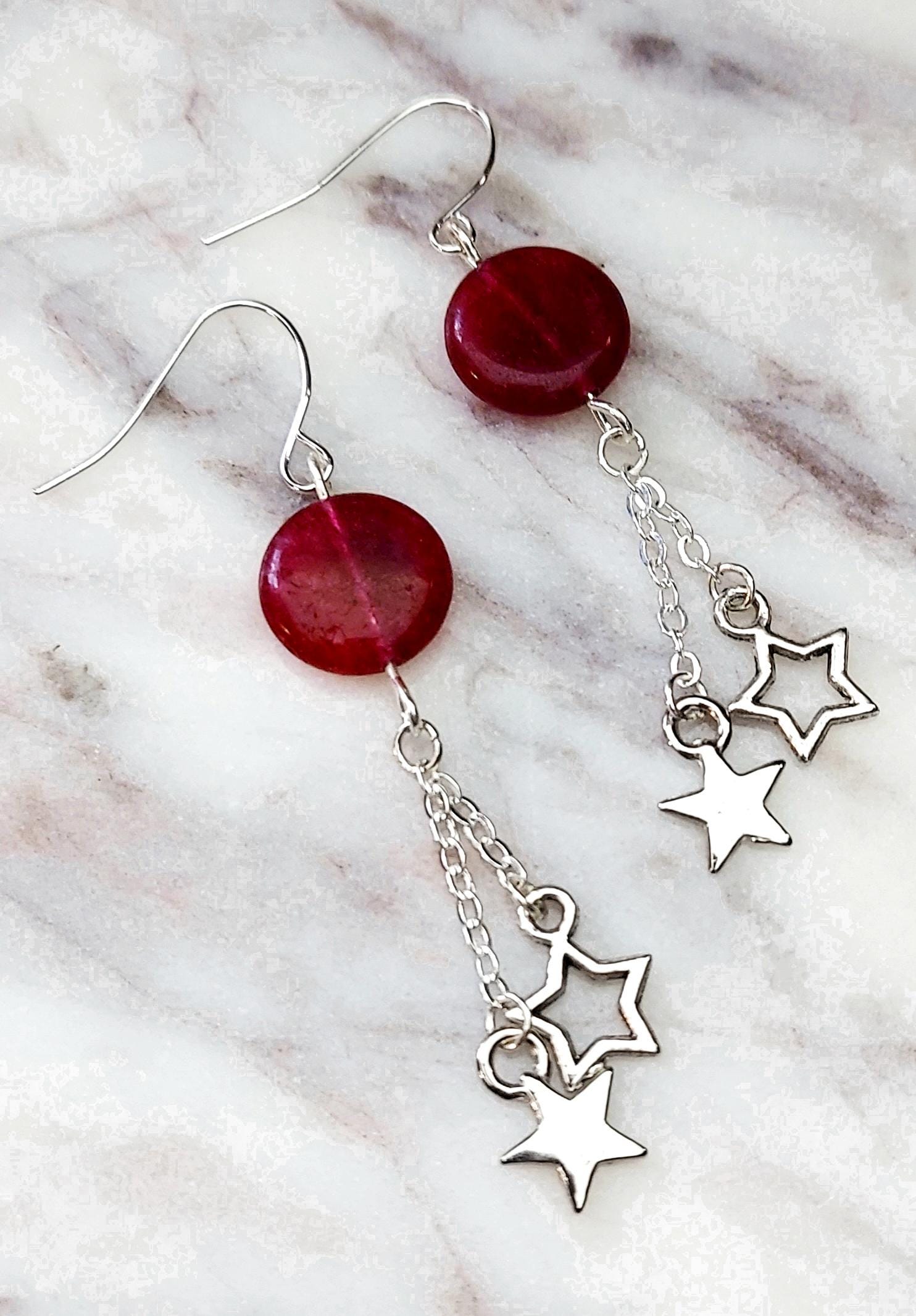Rasberry Quartz Star Dangle Earrings Chain Dangle Drop Earrings Quartz Crystal Earrings Gifts for Her