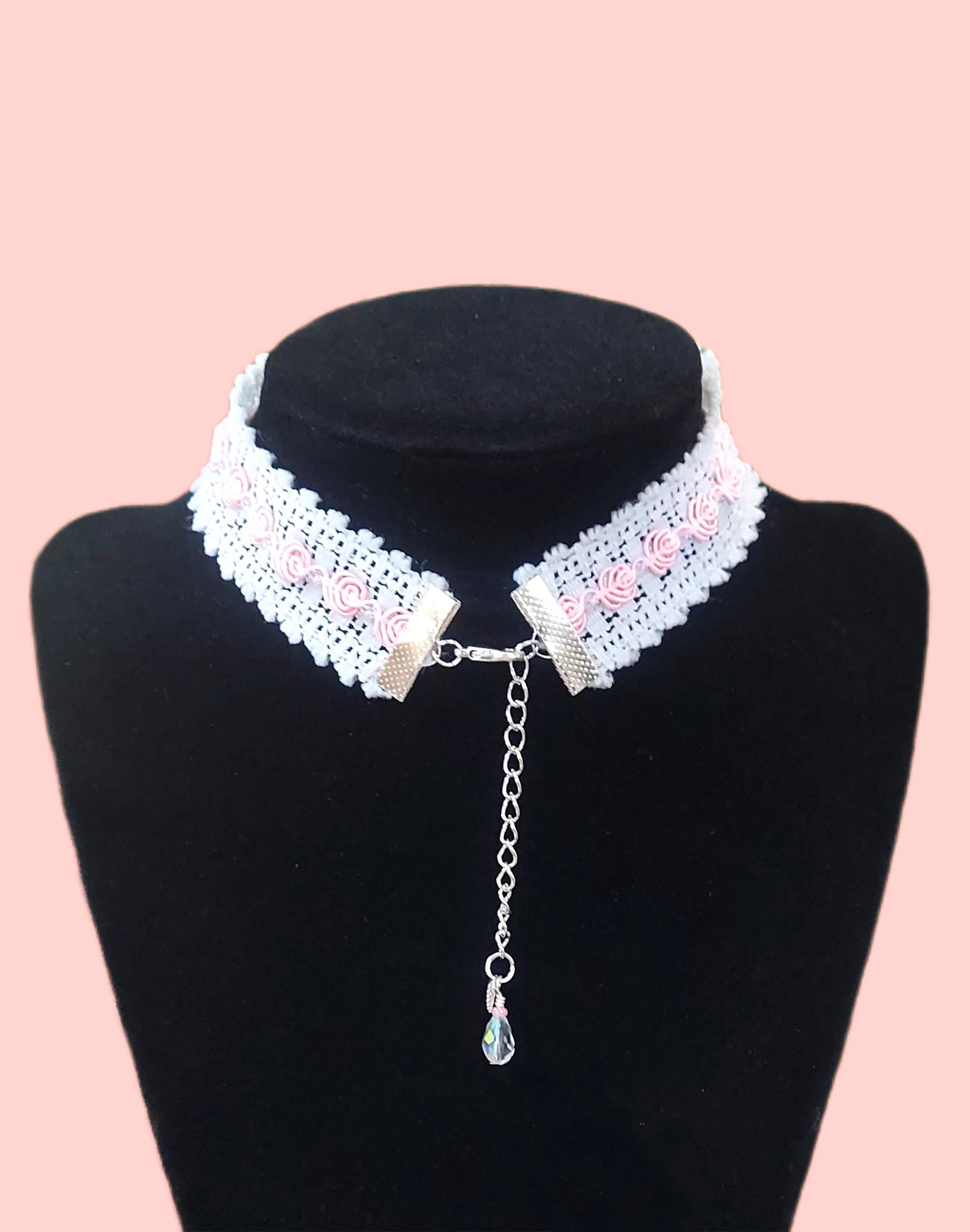 Spring Rose Lace Choker Necklace for Women Pink and White Crochet Choker, Easter & Spring Accessories
