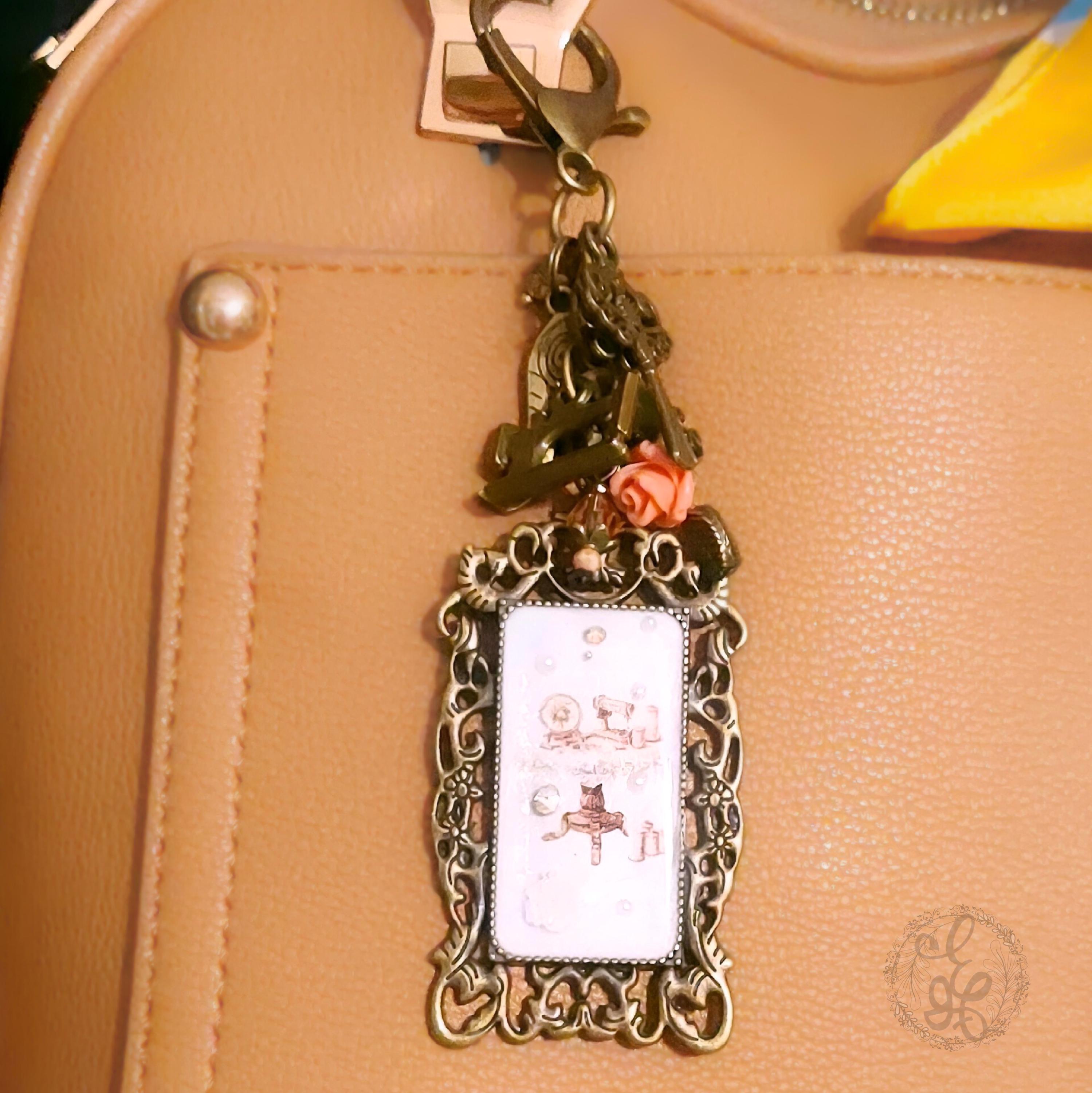 Kitchen Table Sewing Purse Charm – Vintage Resin Frame Keychain with Antique Brass Sewing Charms – Eidel's Ideas Original – Ready to Ship