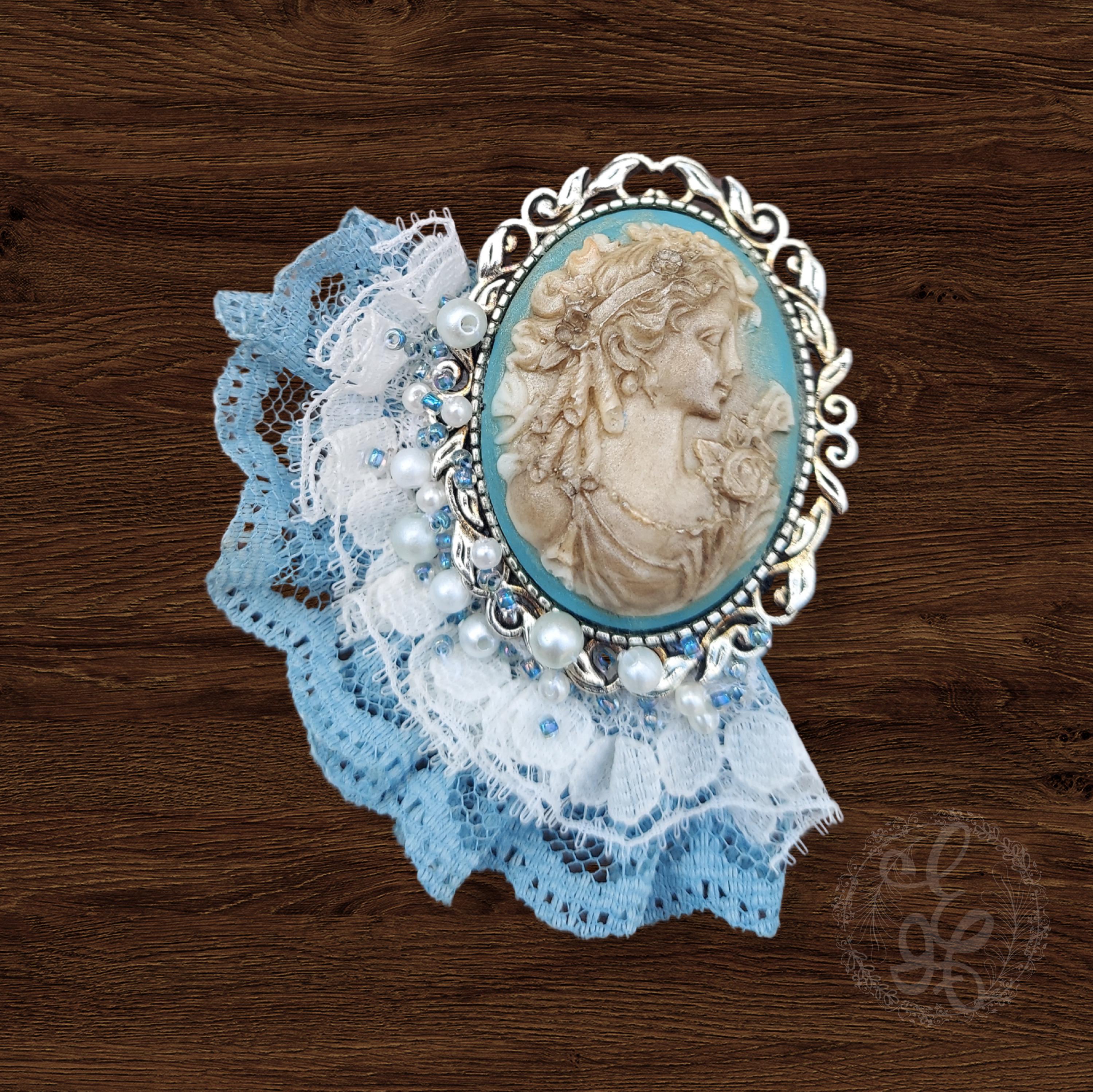 Victorian Blue Cameo Brooch, handcrafted with Lace and Beaded Embellishments
