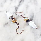 Victorian-Inspired Pearl Drop Earrings with Amber Crystals & Antique Copper Accents – Artisan Crafted