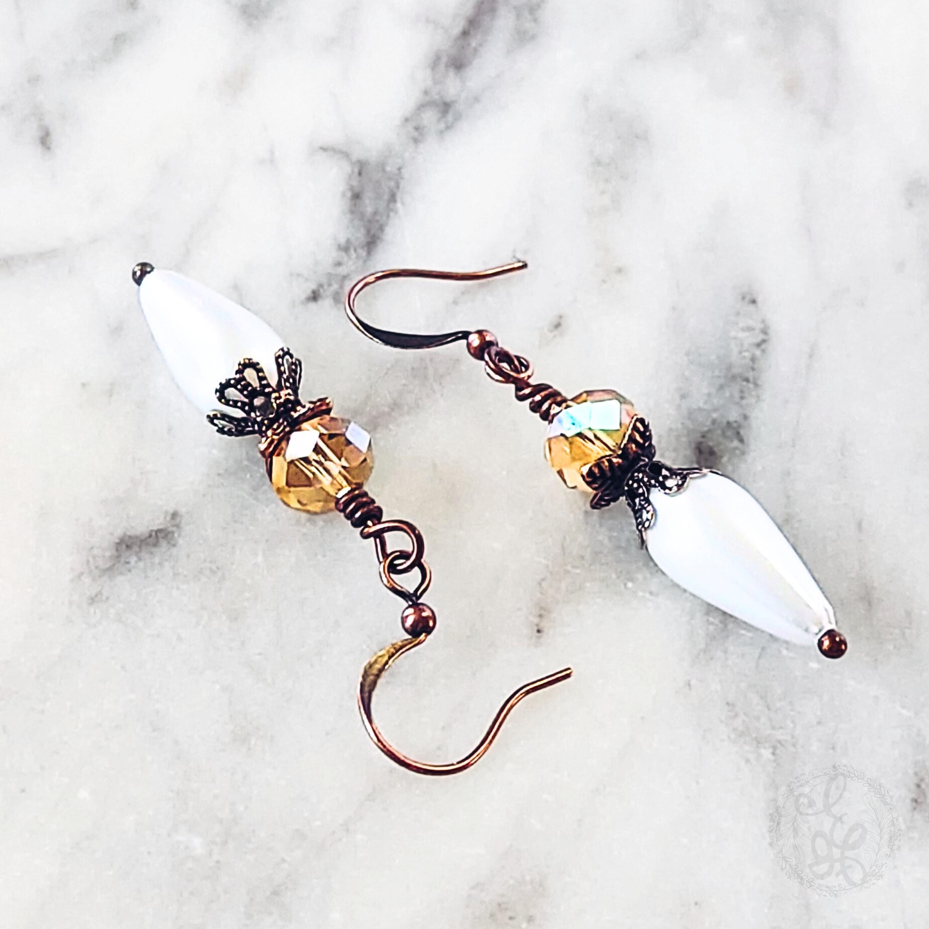 Victorian-Inspired Pearl Drop Earrings with Amber Crystals & Antique Copper Accents – Artisan Crafted