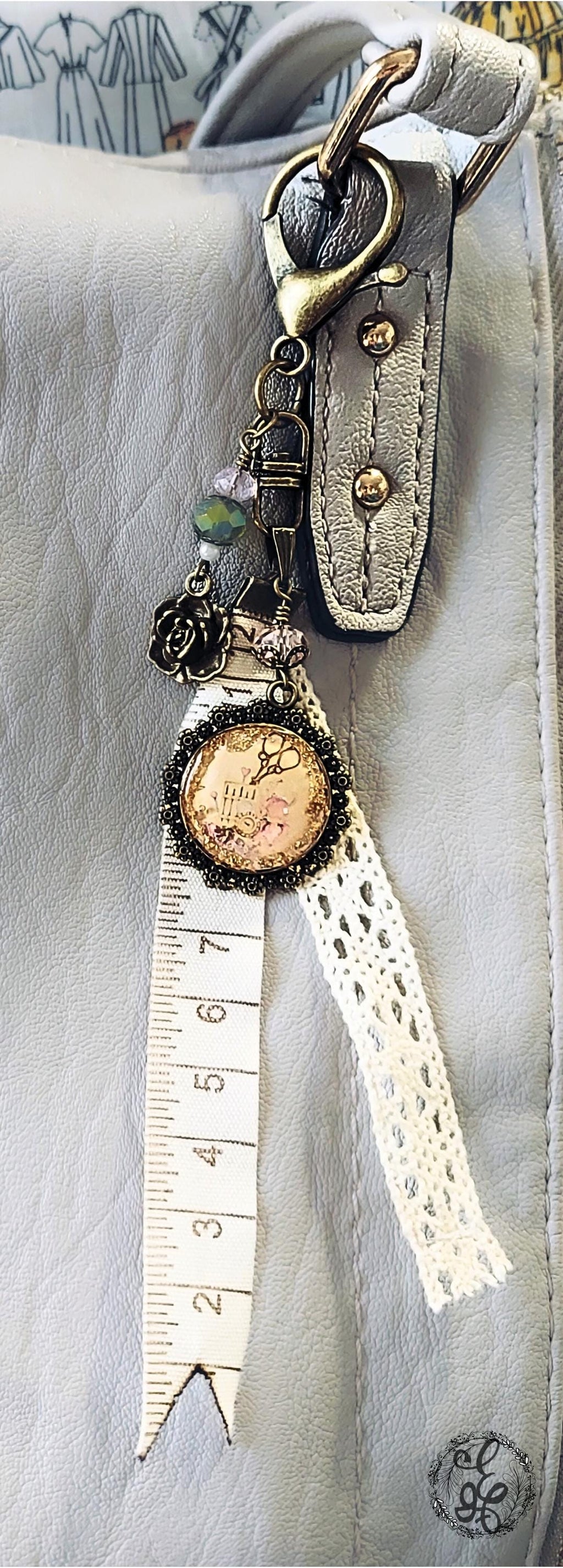 Antique Scissors Purse Charm – Resin Cabochon with Vintage Sewing Notions, Lace & Measuring Tape Ribbon