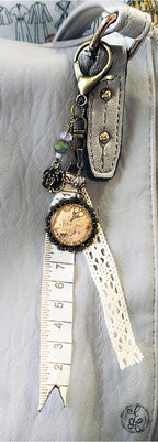 Antique Scissors Purse Charm – Resin Cabochon with Vintage Sewing Notions, Lace & Measuring Tape Ribbon