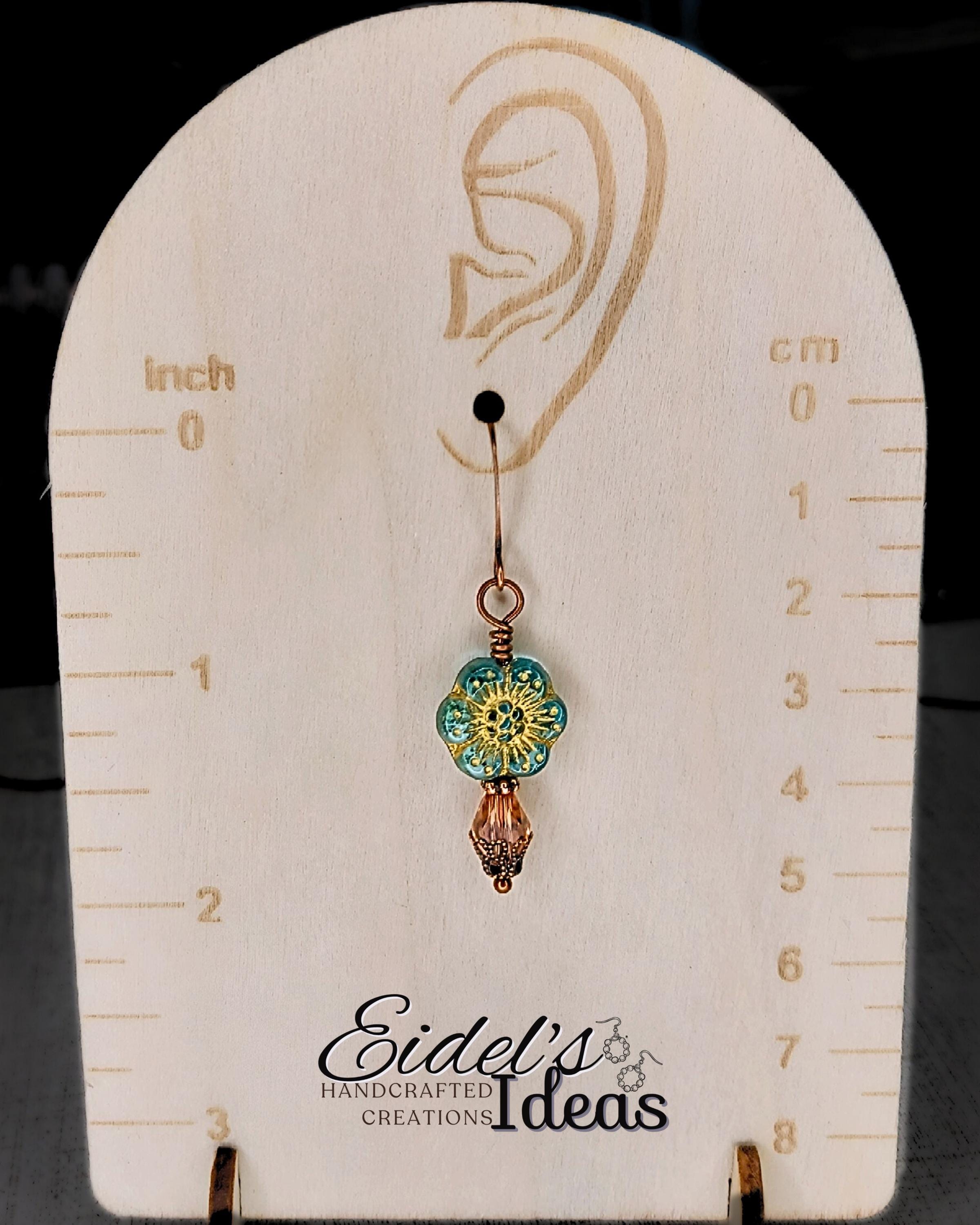 Artisan Czech Glass Earrings • Antique Copper Floral Dangles • Crystal Teardrop Vintage Style Jewelry