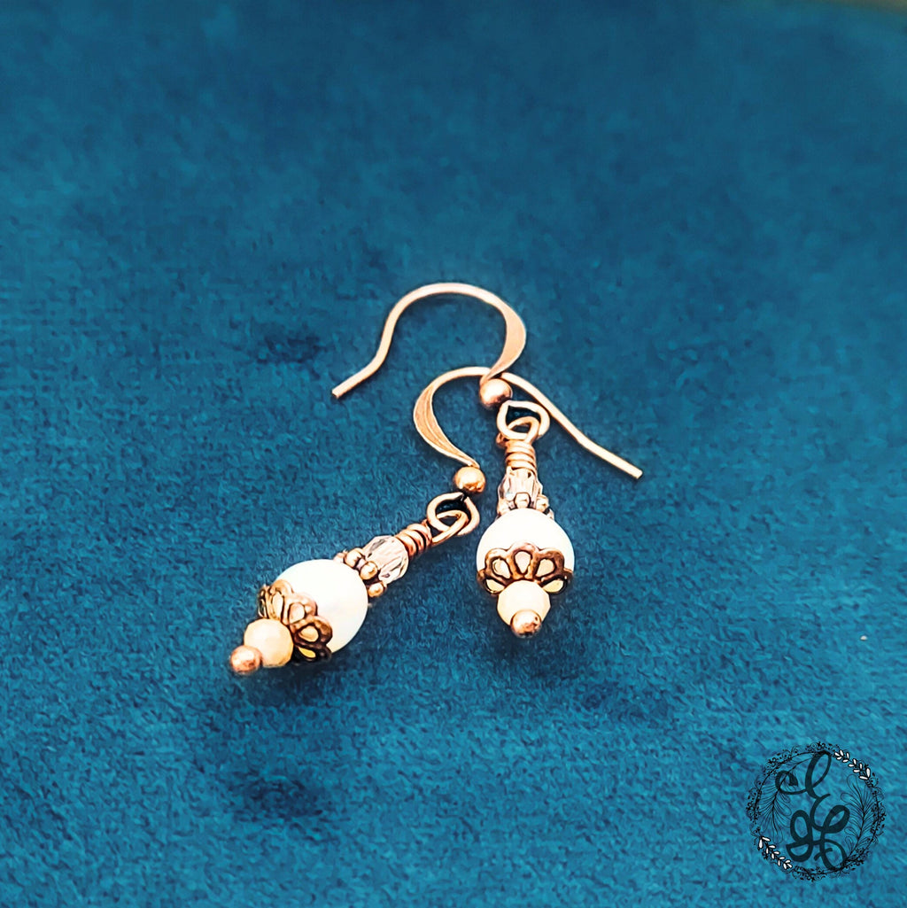 Freshwater Pearl Drop Earrings – Antique Copper & Czech Glass – Hypoallergenic, Vintage-Inspired Dangle Earrings