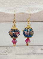 Gold Blue and Pink Crystal Earrings Rose dangle earrings gifts for her lampwork rose beads