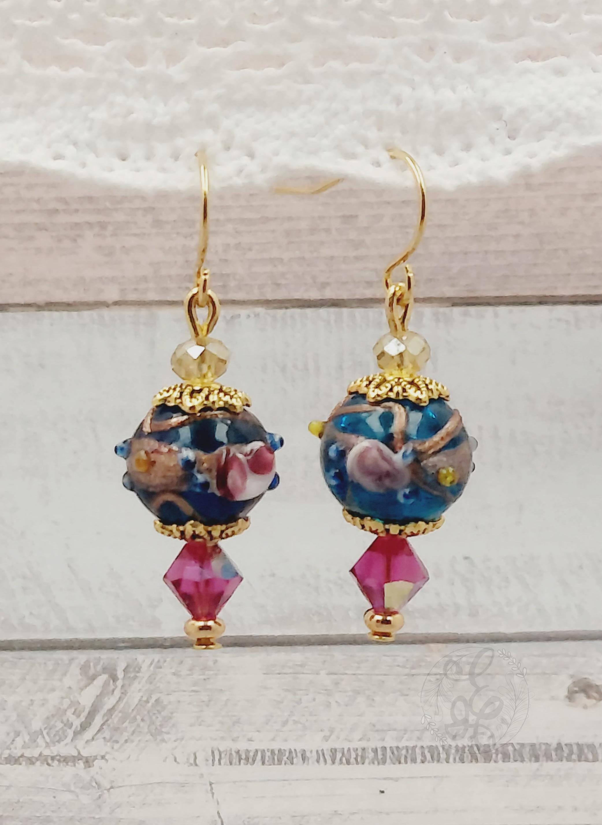 Gold Blue and Pink Crystal Earrings Rose dangle earrings gifts for her lampwork rose beads