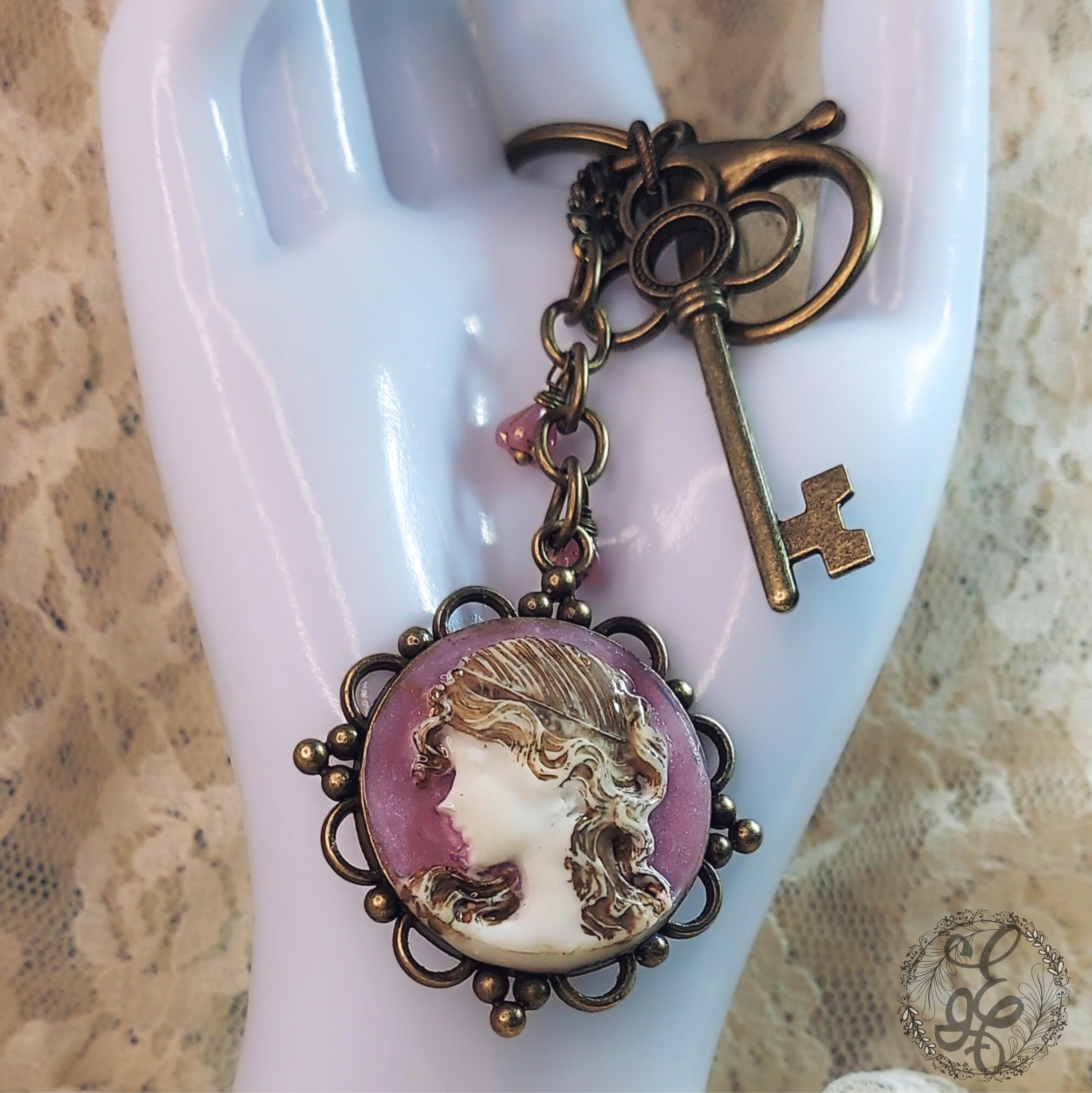 Vintage-Inspired Cameo Purse Charm – Antique Key, Distressed Cameo, Czech Glass Bellflowers – Eidel’s Ideas Original