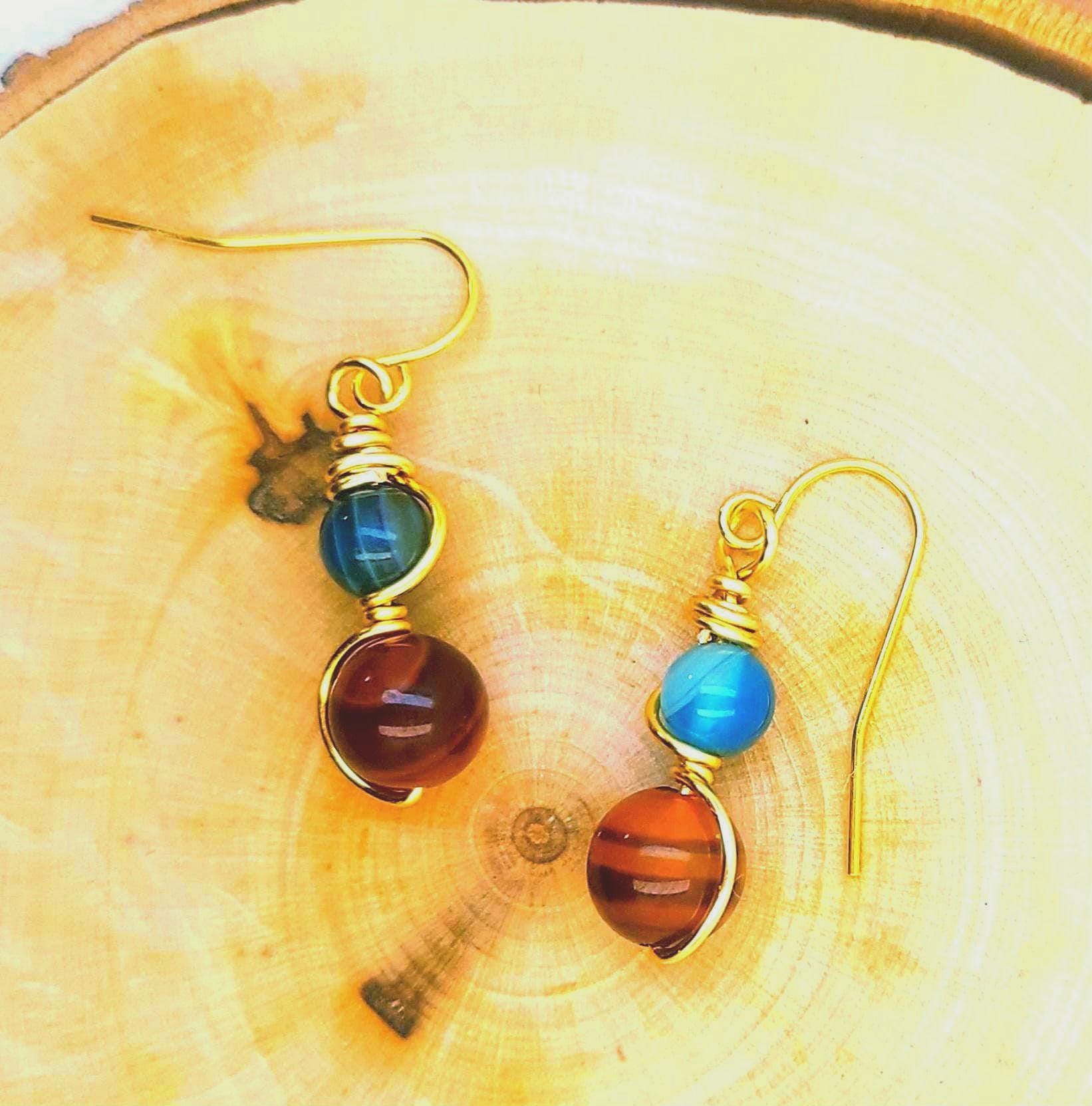 Orange and Blue Agate and Carnelian Earrings beaded Earrings Gemstone Dangle Earring Gifts for Her