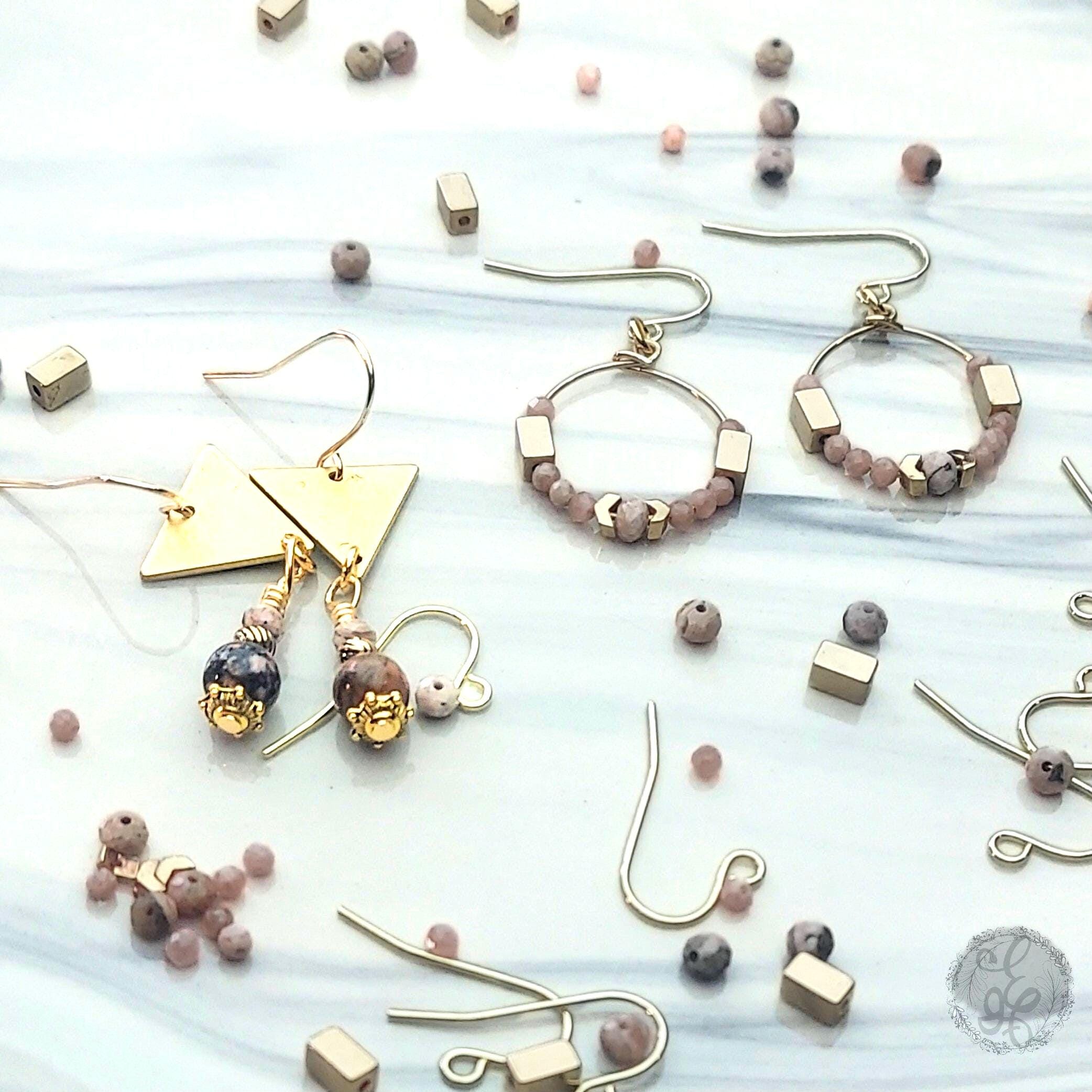 Rhodonite & Rhodochrosite Dangle Earrings – Raw Brass Triangles