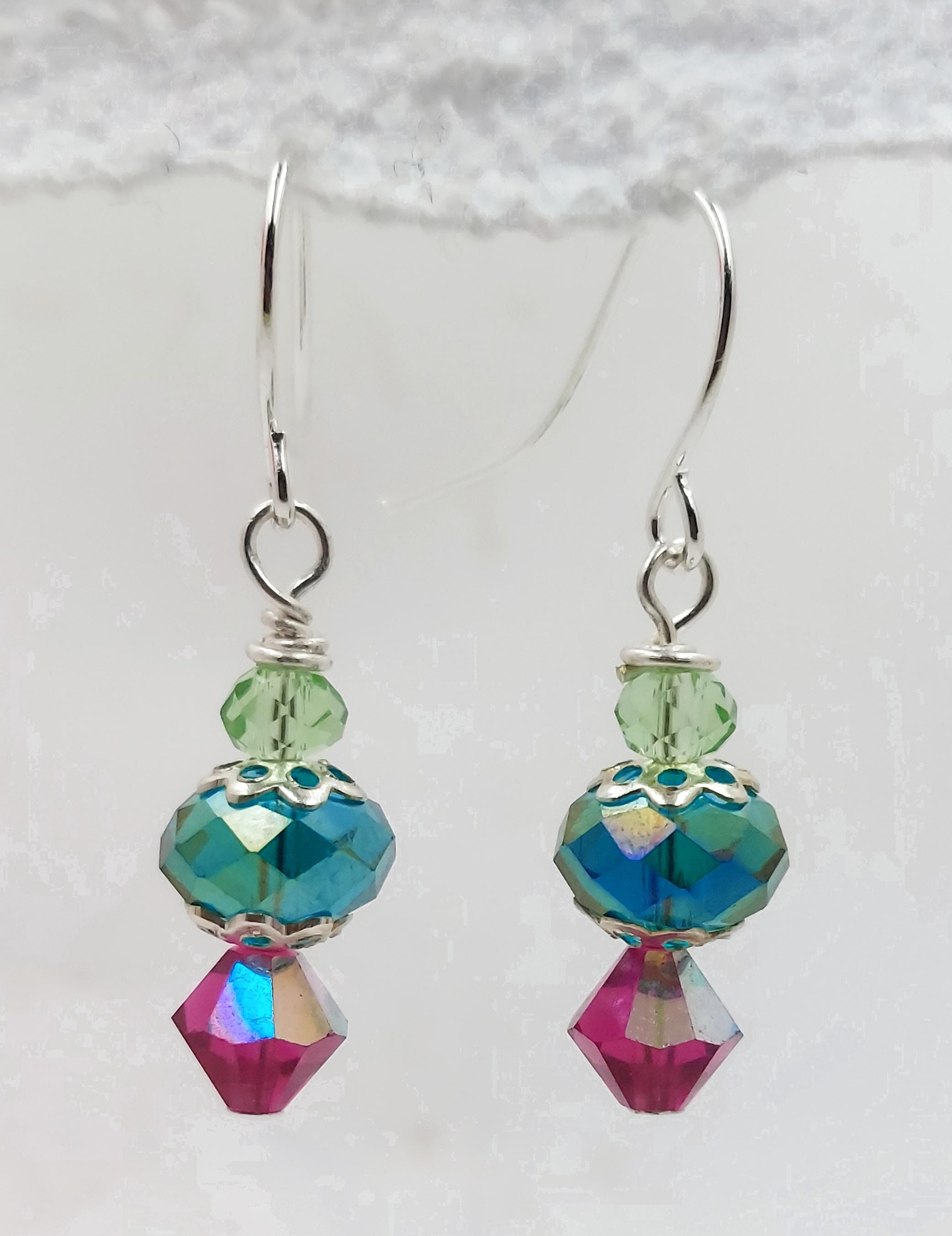 Peacock Blue and Magenta Pink Crystal Dangle Earrings Silver Drop Earrings Women's jewelry