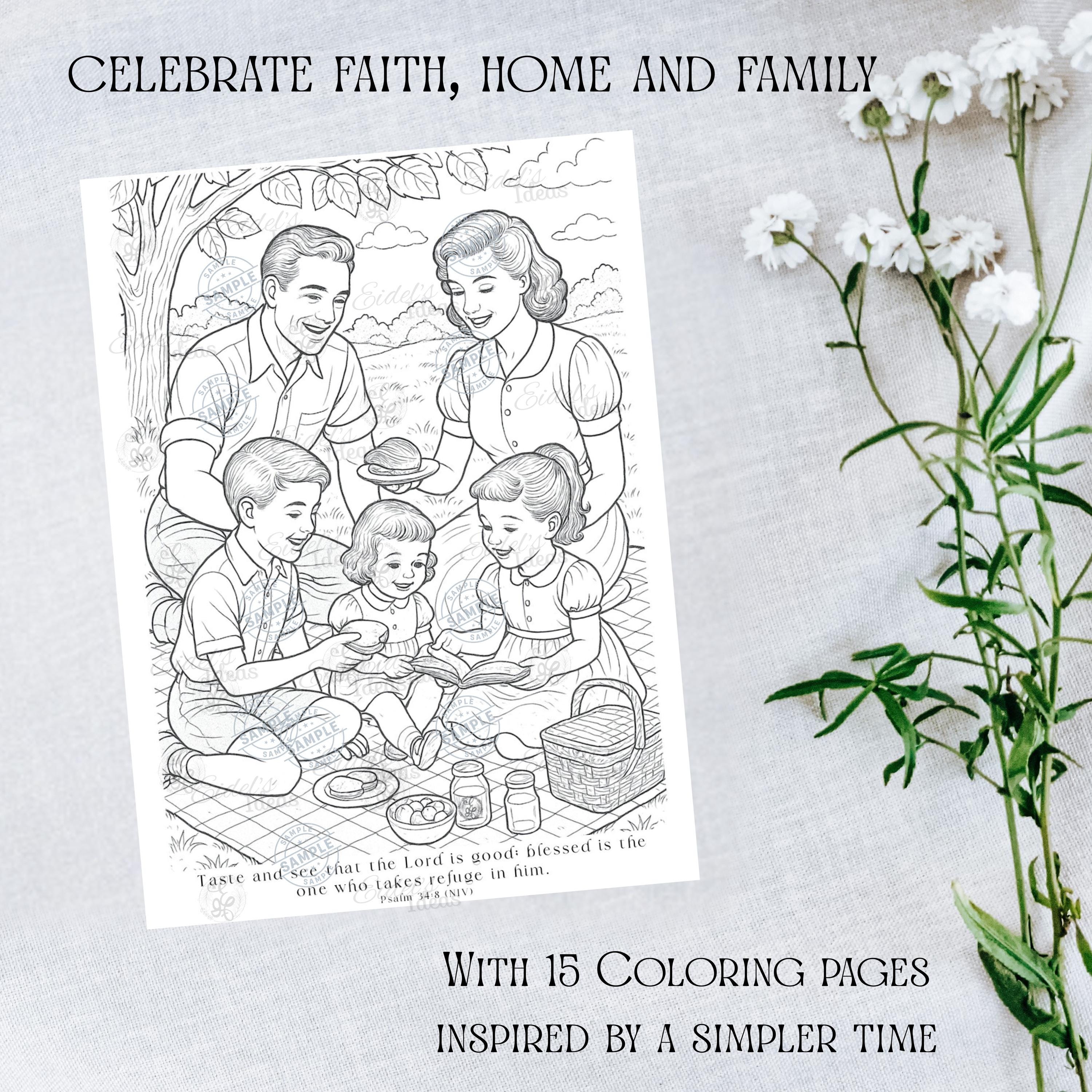 Vintage Homemaking Coloring Book | 15-Page Christian Coloring Pages for Women | Faith-Based Printable for Moms | Bible Verse Adult Coloring