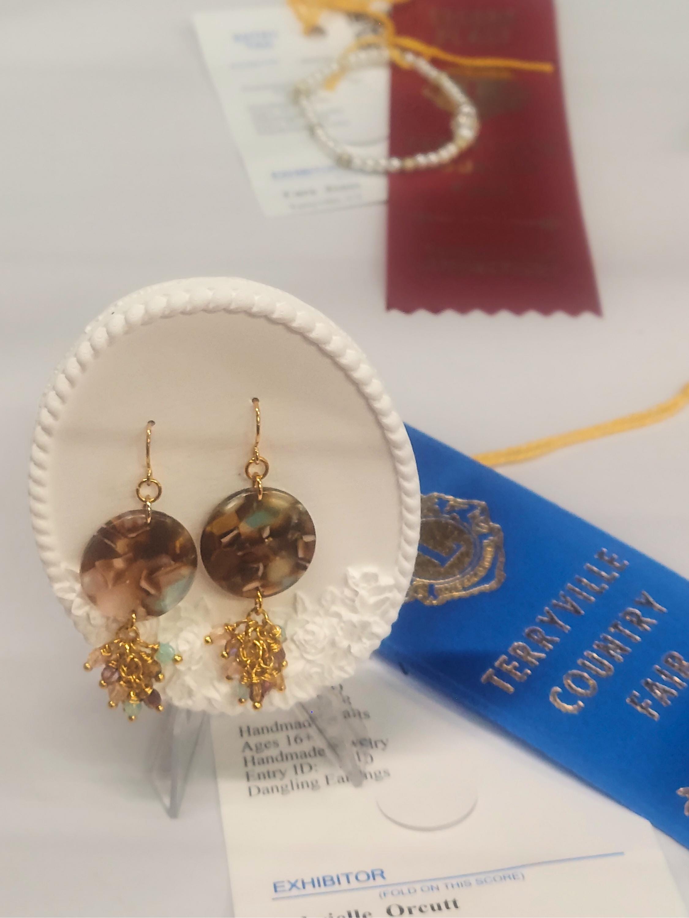 Brown and Cream Disc Earrings with Cluster Drop - Tortoise Shell Acetate Dangle Earrings