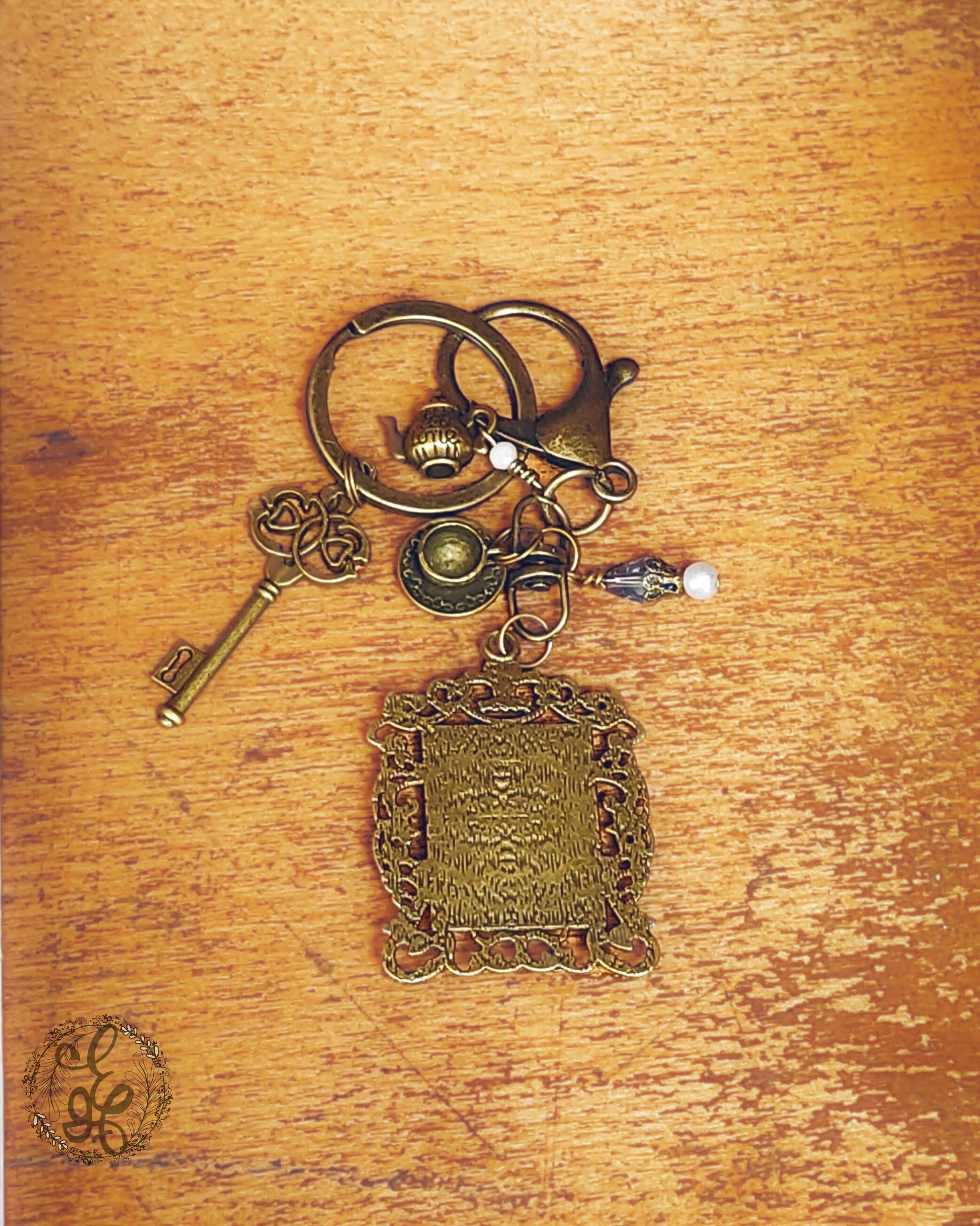 Victorian Tea Purse Charm & Keychain – Blue Handcrafted Cameo, Teapot and Crystal Charms – Antique Brass