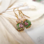 Green and Pink Crystal Earrings Rose dangle earrings gifts for her lampwork rose beads