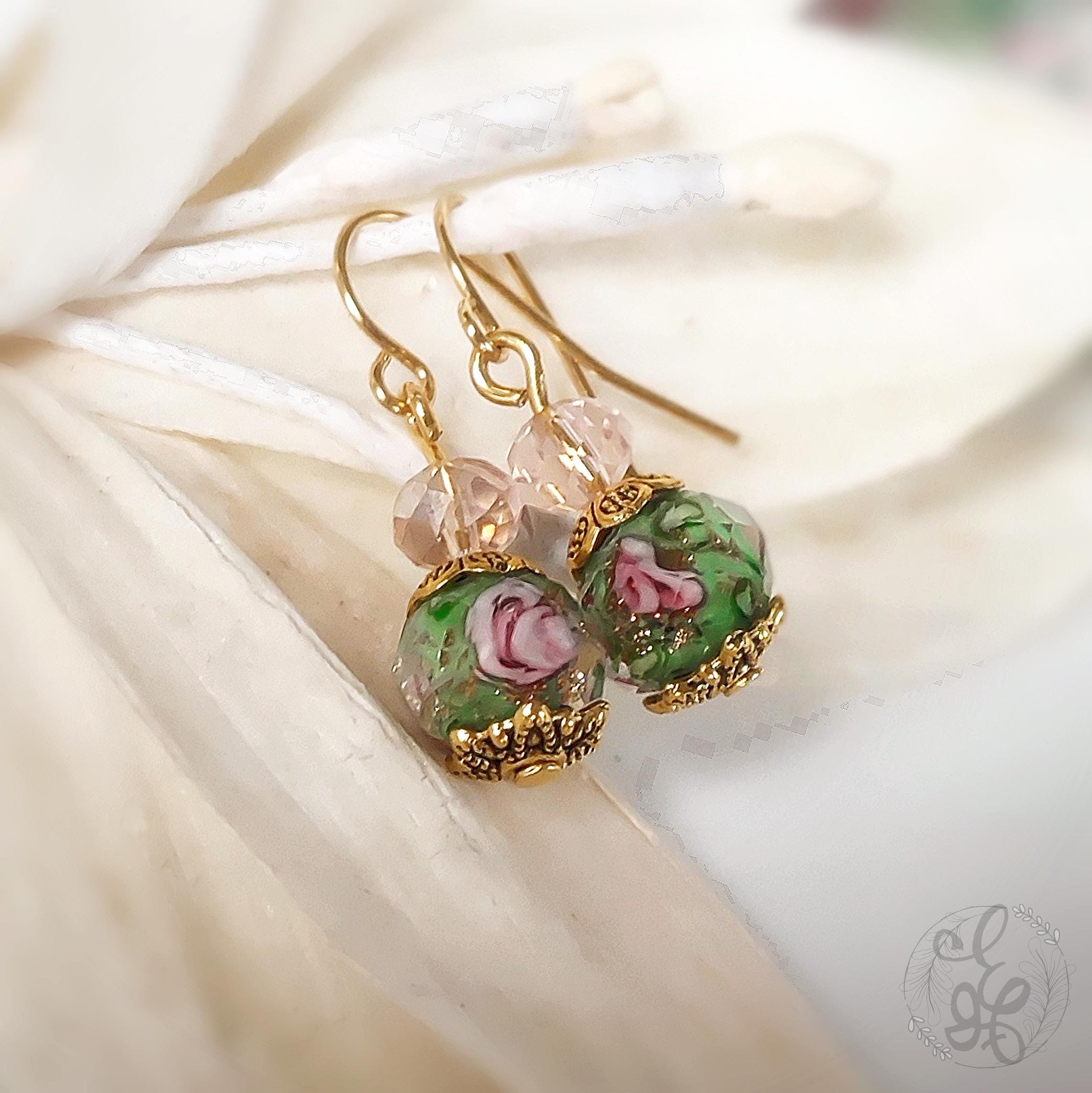Green and Pink Crystal Earrings Rose dangle earrings gifts for her lampwork rose beads